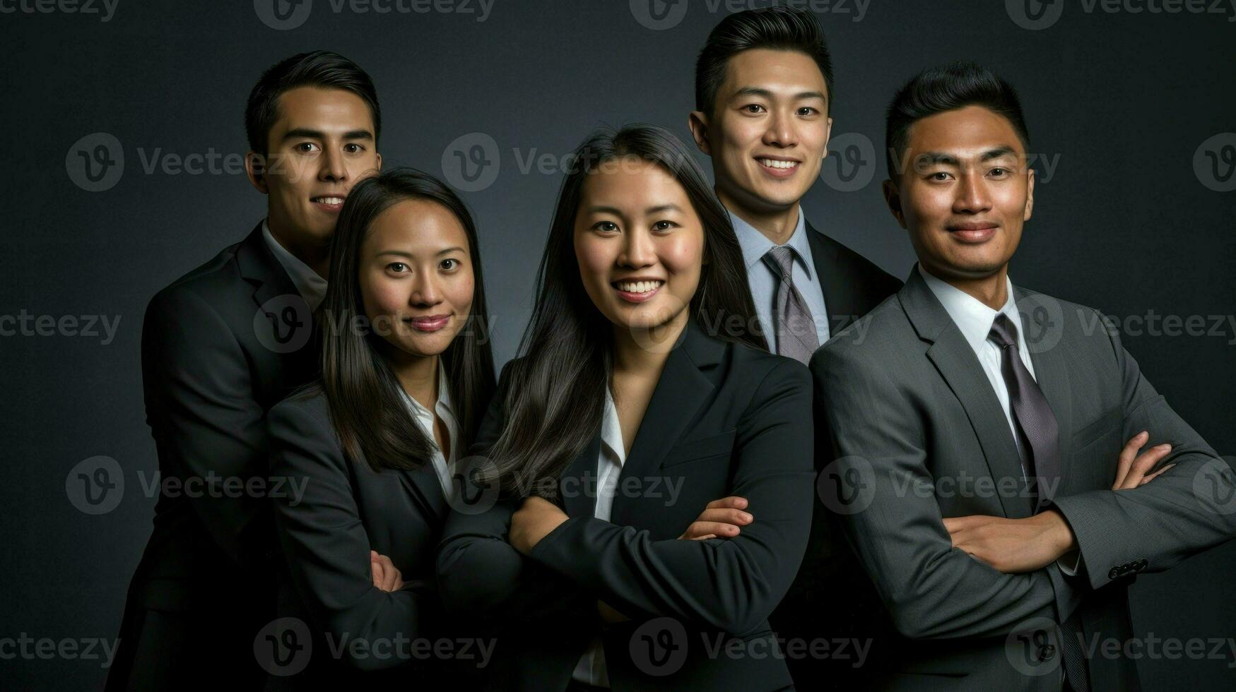 asiatique affaires gens posant avec souriant visages. génératif ai photo
