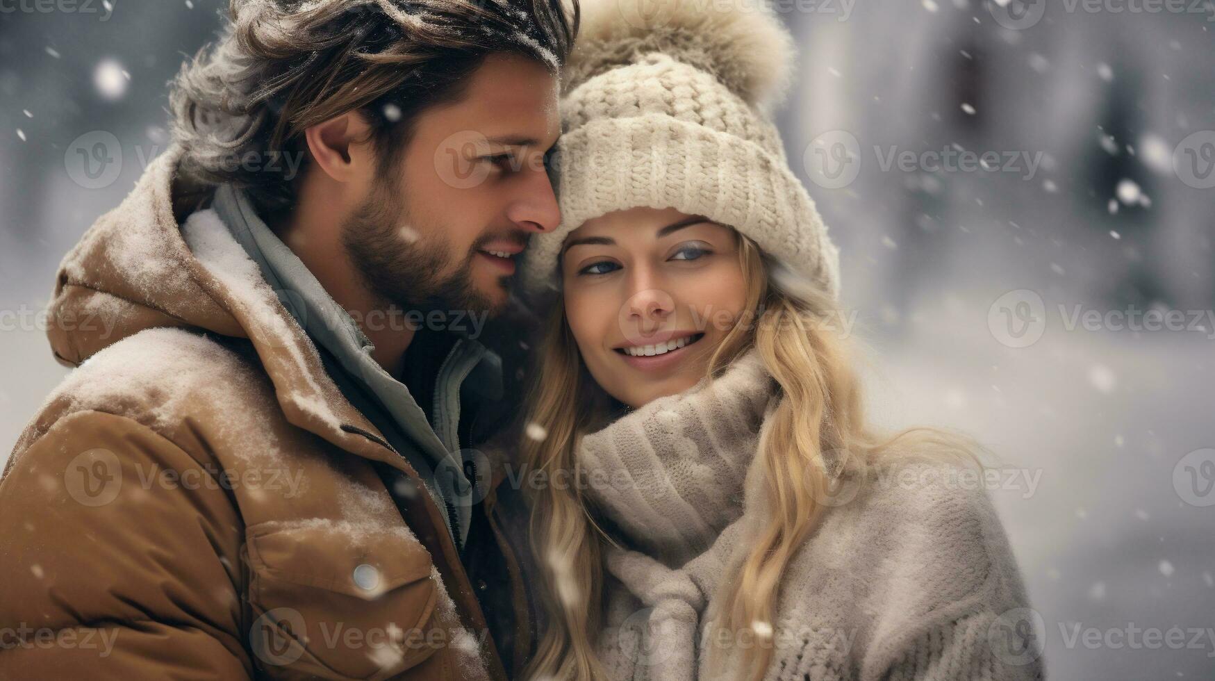 ai génératif. portrait de une Jeune couple dans hiver Vêtements photo