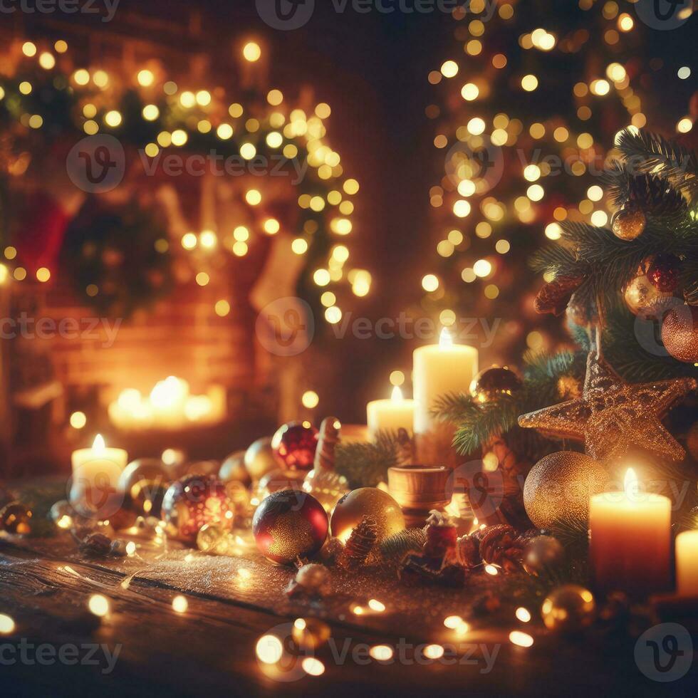 Noël décoration avec brûlant bougies, pain d'épice loger, Noël arbre et bokeh Contexte. photo