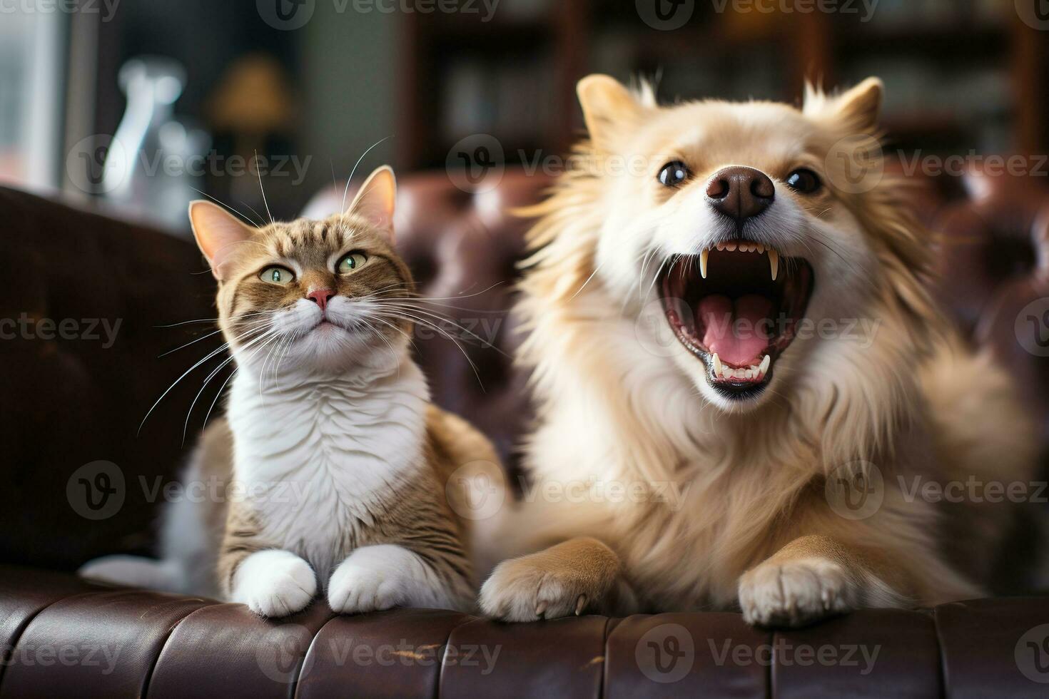 satisfait chat et chien sur une cuir canapé à maison. marrant velu animaux domestiques. établi en utilisant artificiel intelligence. photo