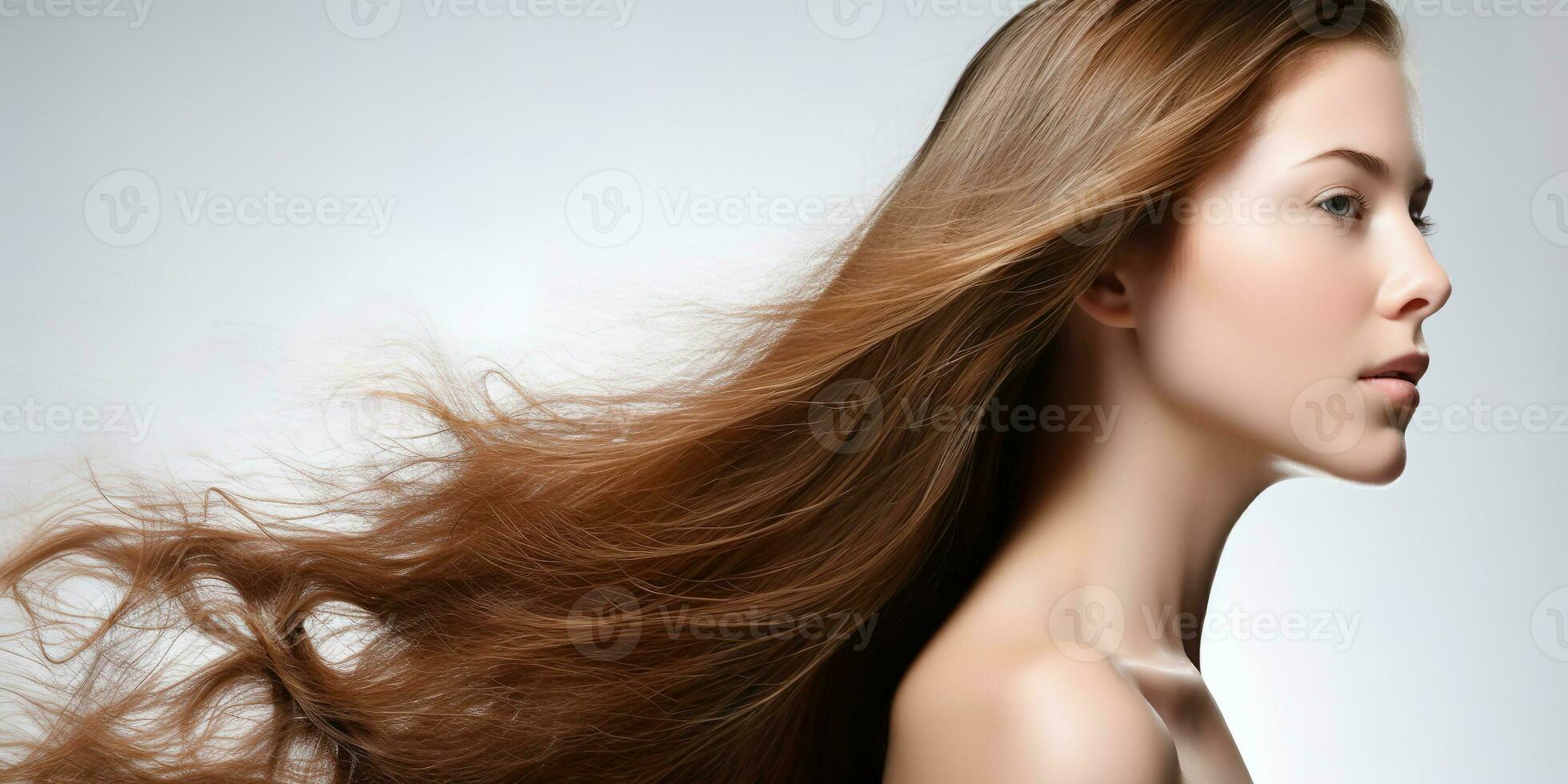 portrait de une Jeune magnifique femme modèle avec cheveux posant balançant tête de côté à côté , produire ai photo
