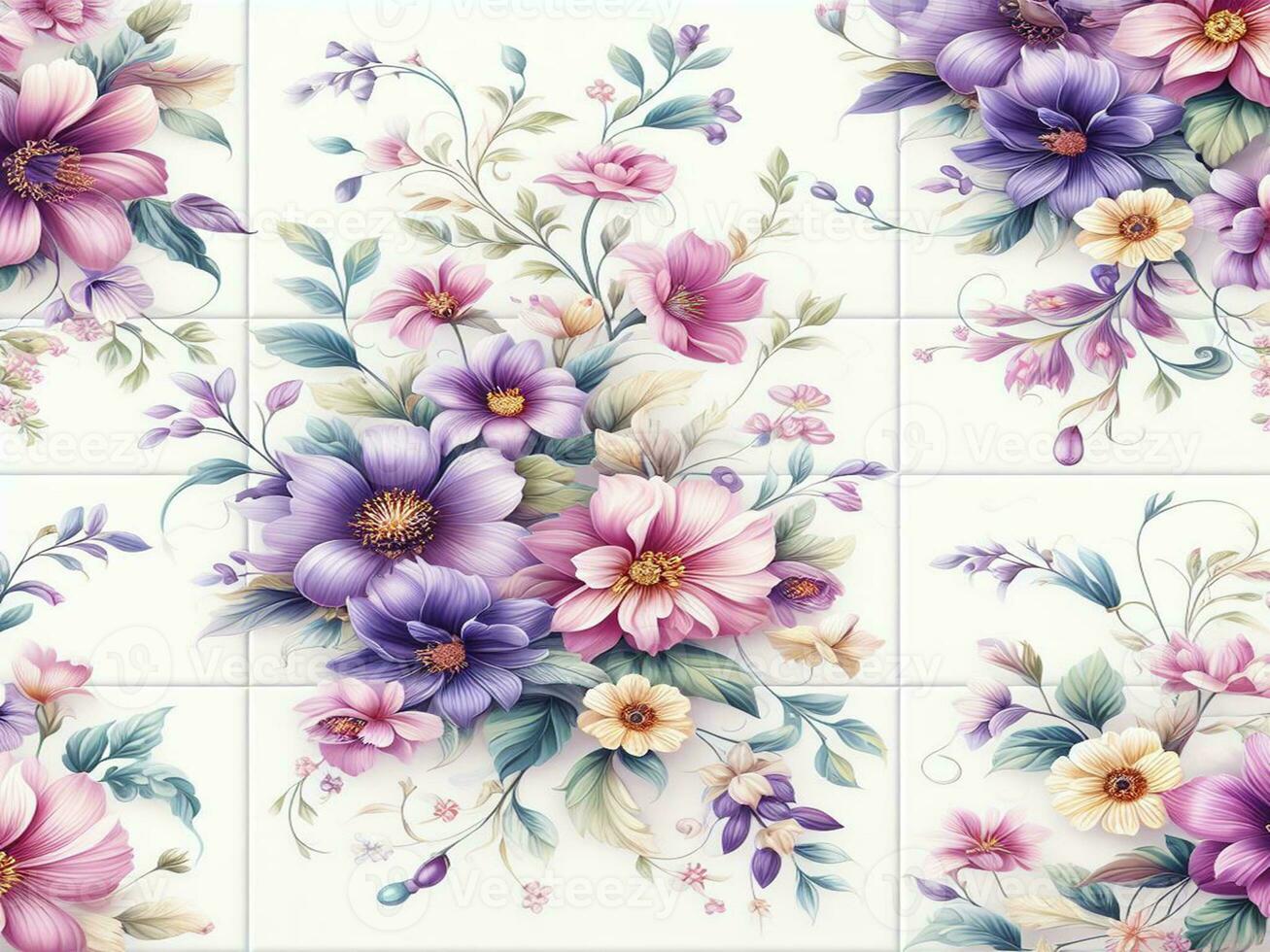 magnifique printemps floral sans couture motifs avec fleurs feuilles violet et rose sur blanc Contexte. main dessiner photo