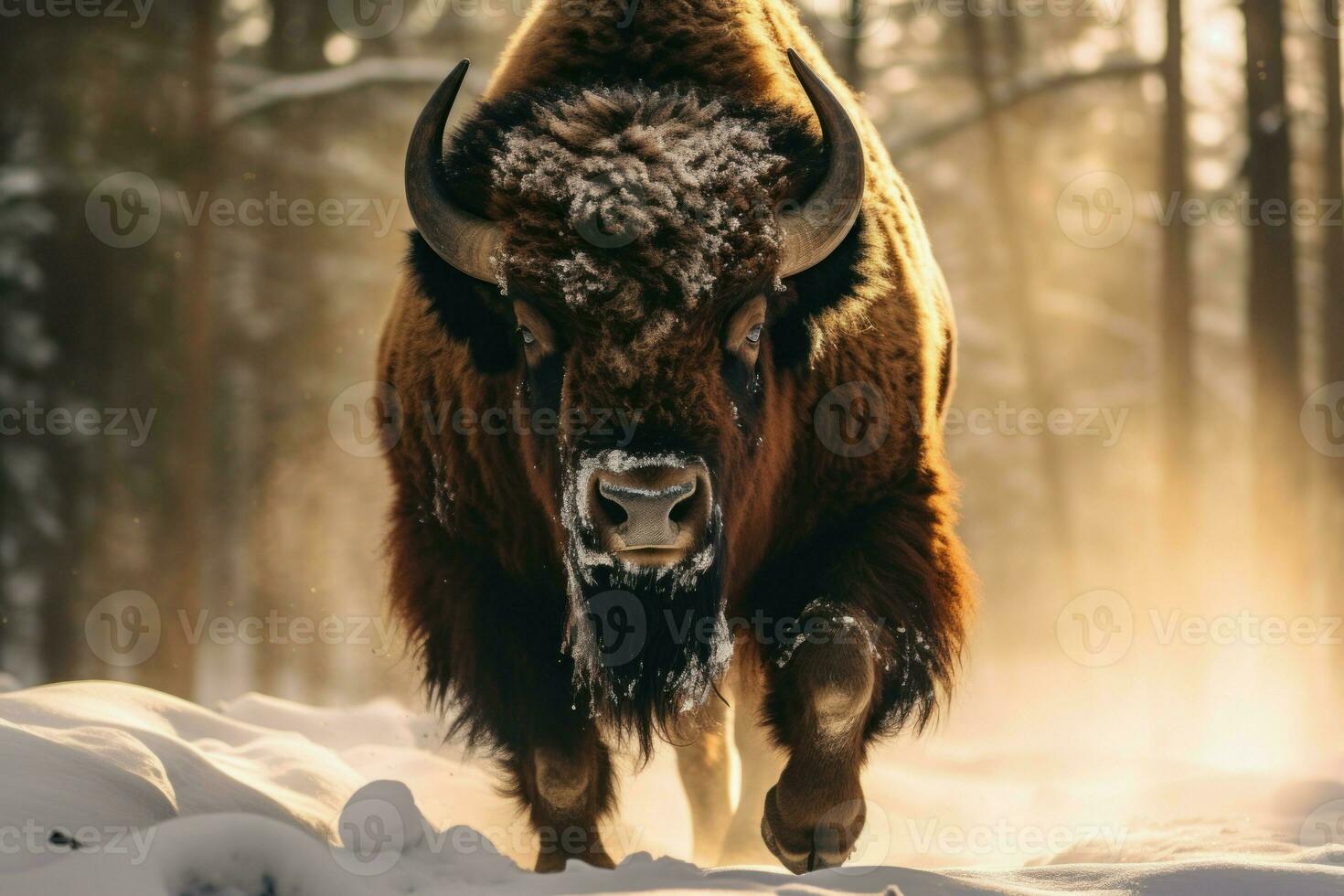 serein bison neige forêt. produire ai photo