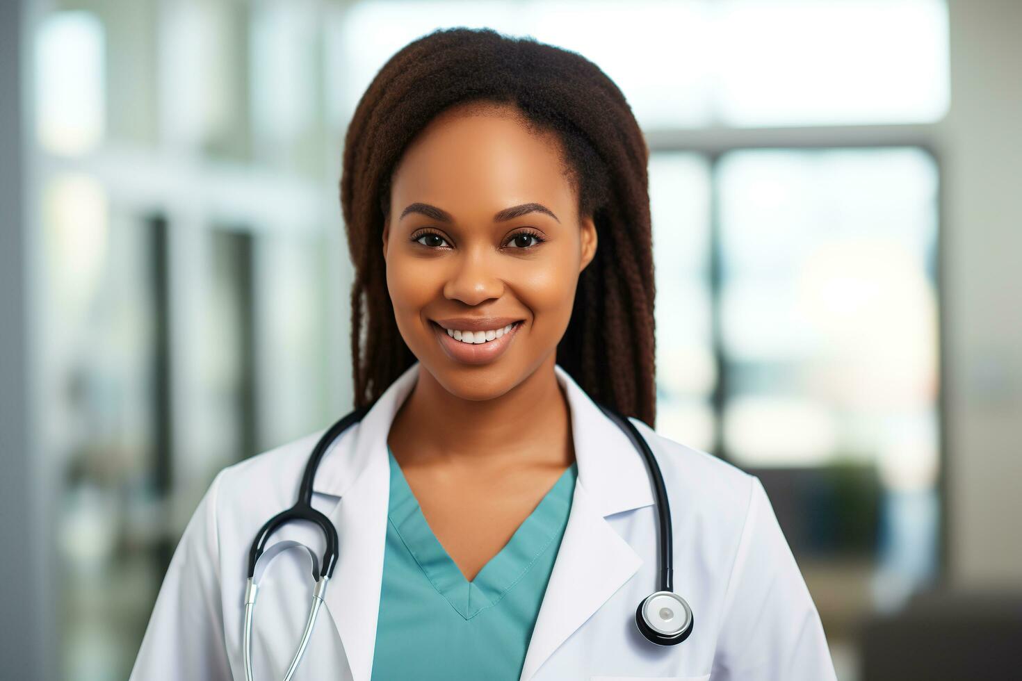 une souriant noir femme dans une médecins manteau. ai génératif photo