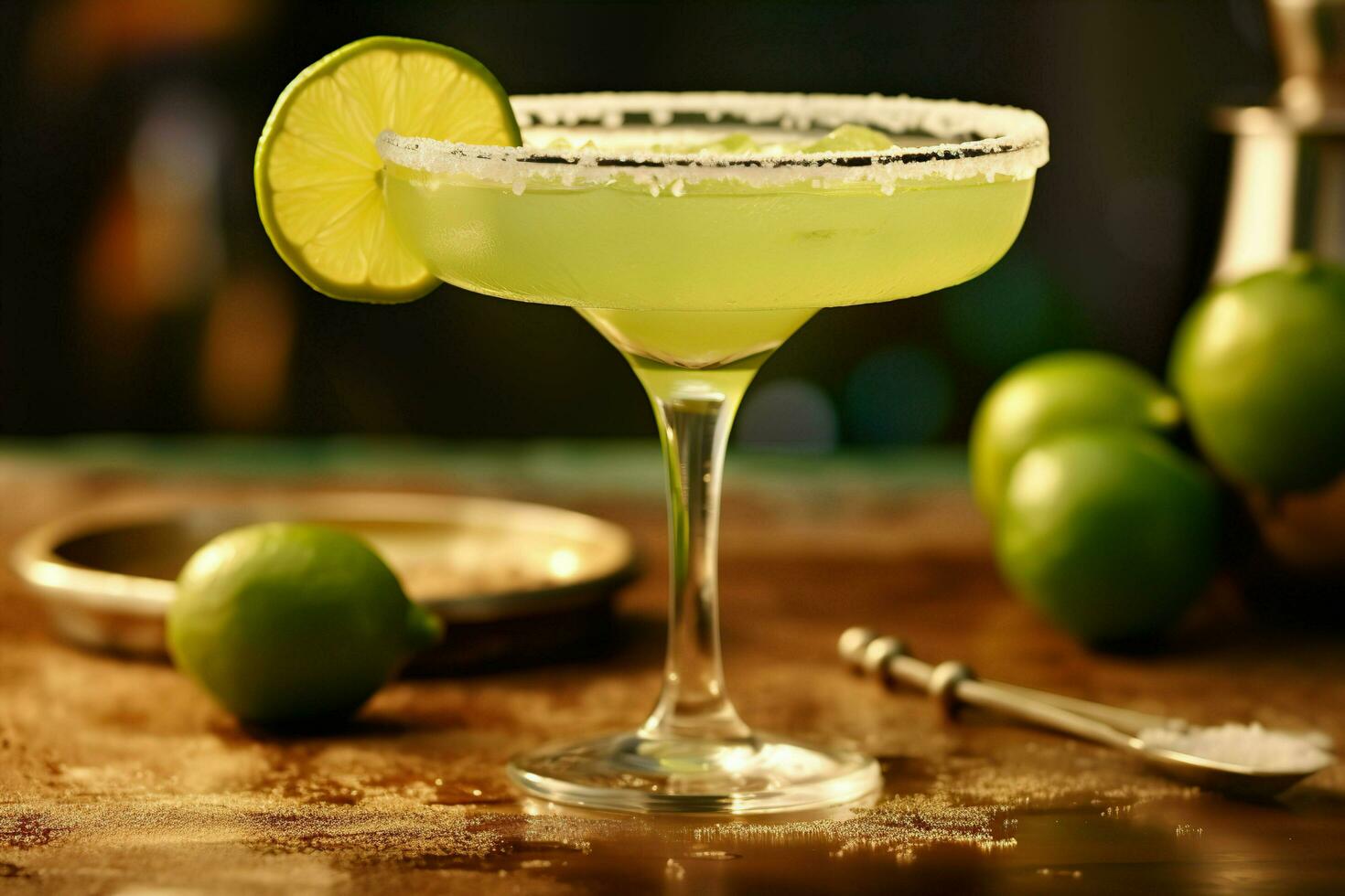 une Margarita avec citron vert et sel sur le tableau. ai génératif photo