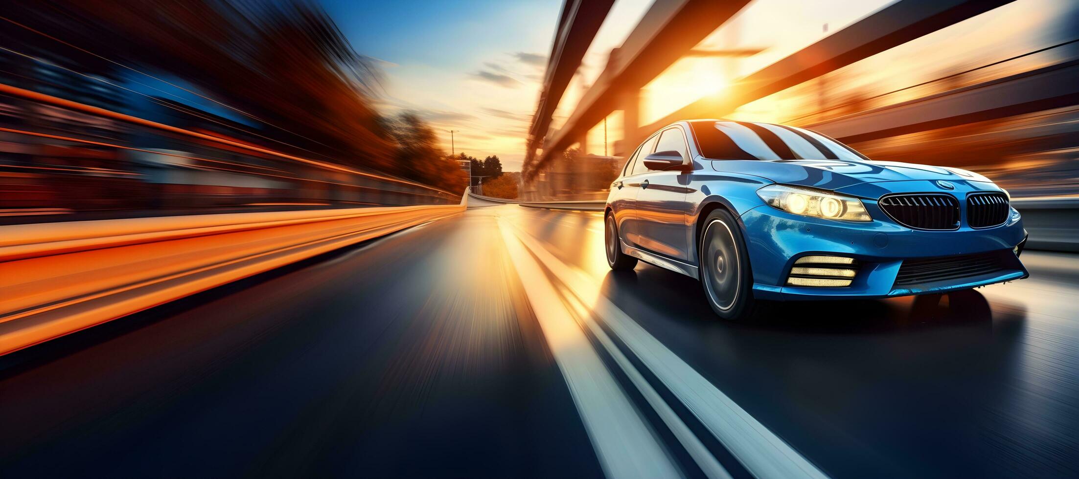 bleu BMW voiture conduite sur le Autoroute à le coucher du soleil. ai génératif photo