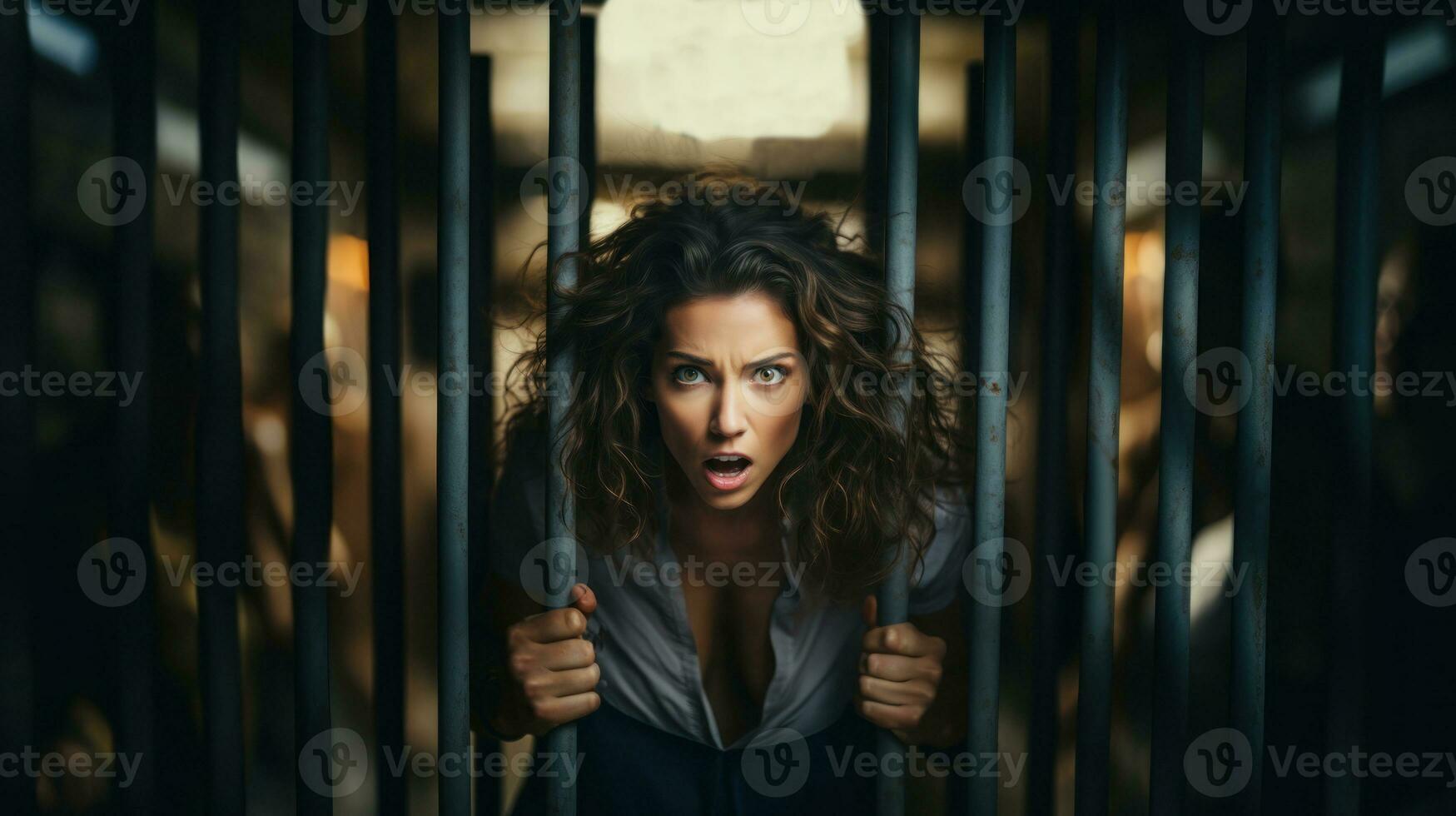 femme dans une cage. fille stressé et désespéré piégé dans acier cage prison. photo