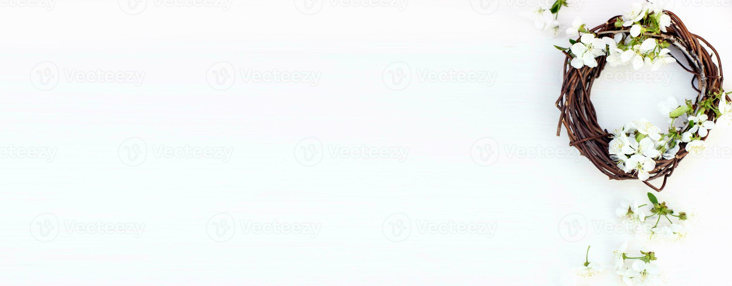 bannière avec nid avec tissé Cerise fleurs. épanouissement Cerise dans couronne sur blanc Contexte photo