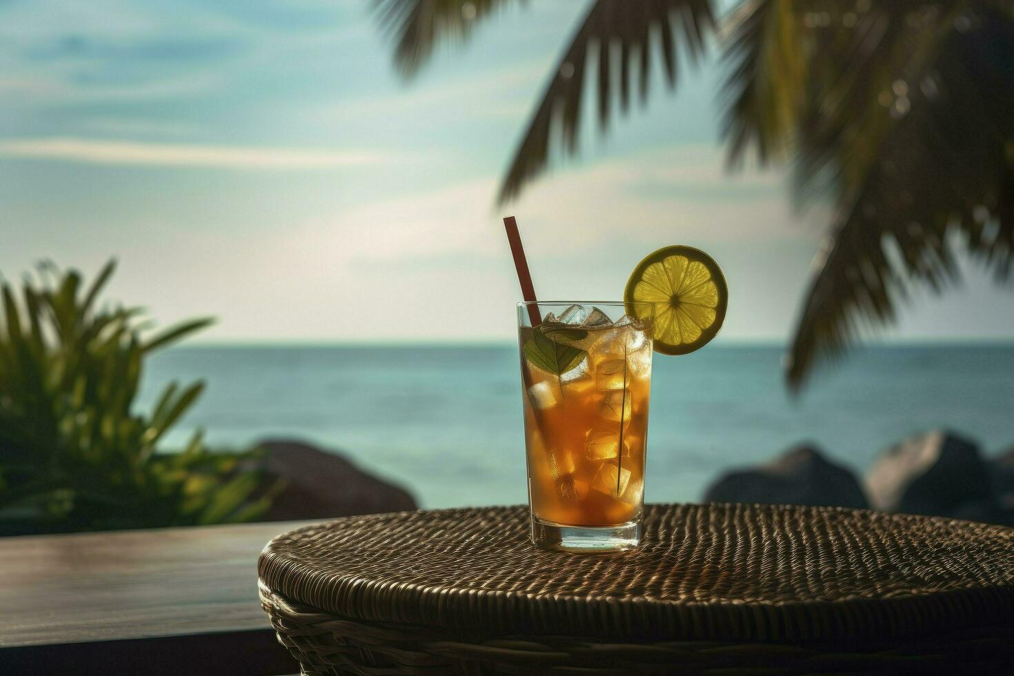 coloré cocktail ou jus dans une verre décoré sur une en bois table sur flou paysage marin Contexte. ai généré photo