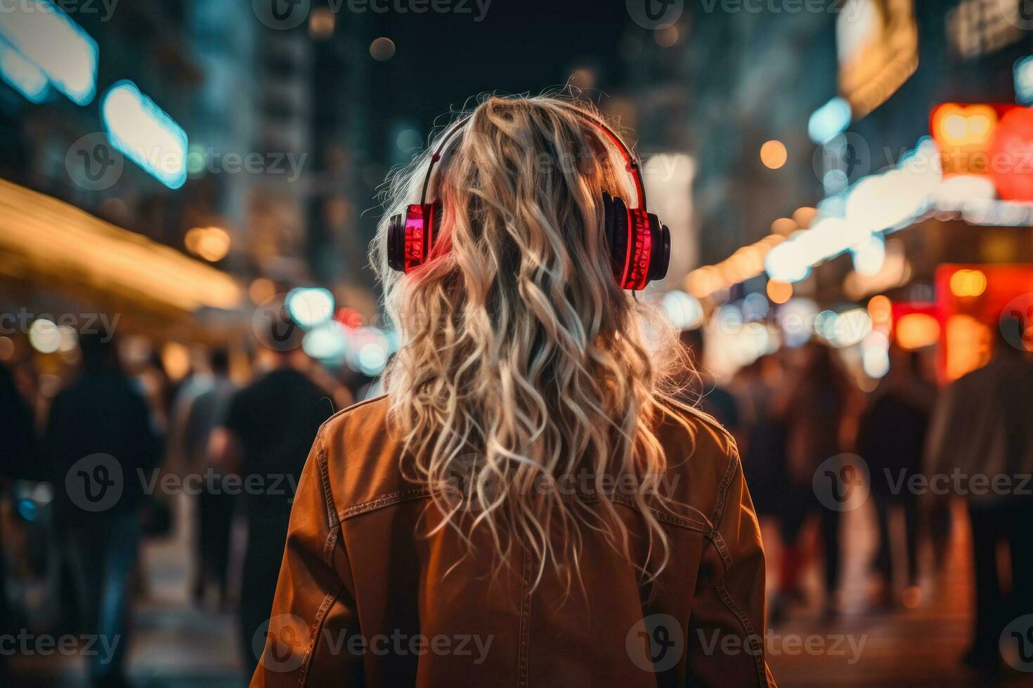 fille dans écouteurs dans le soir ville retour vue génératif ai photo