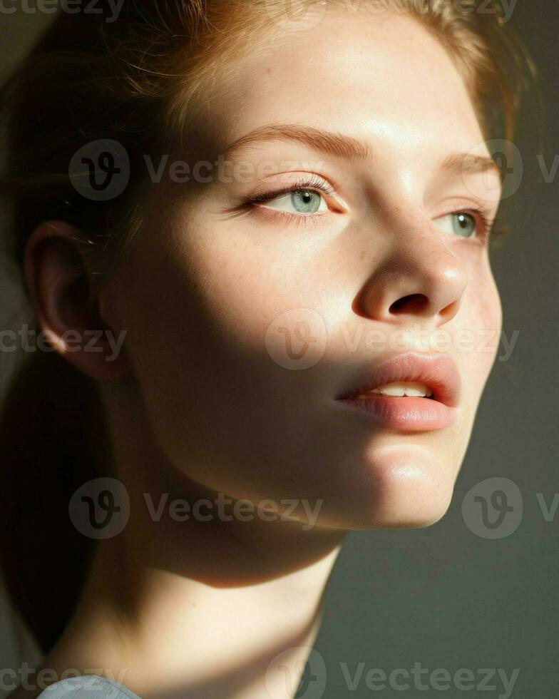 magnifique Dame avec vibrant rouge cheveux et captivant bleu yeux.. génératif ai photo