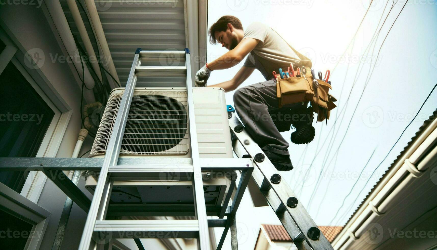 une technicien sur une échelle, vérification le Composants de un Extérieur air conditionnement unité.. génératif ai photo