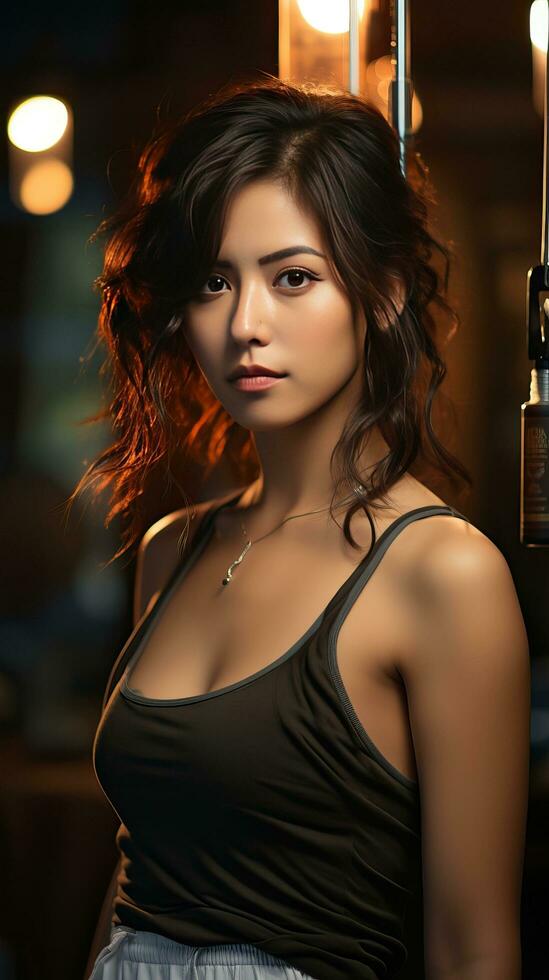 magnifique asiatique Jeune femme en plein air à nuit. génératif ai photo