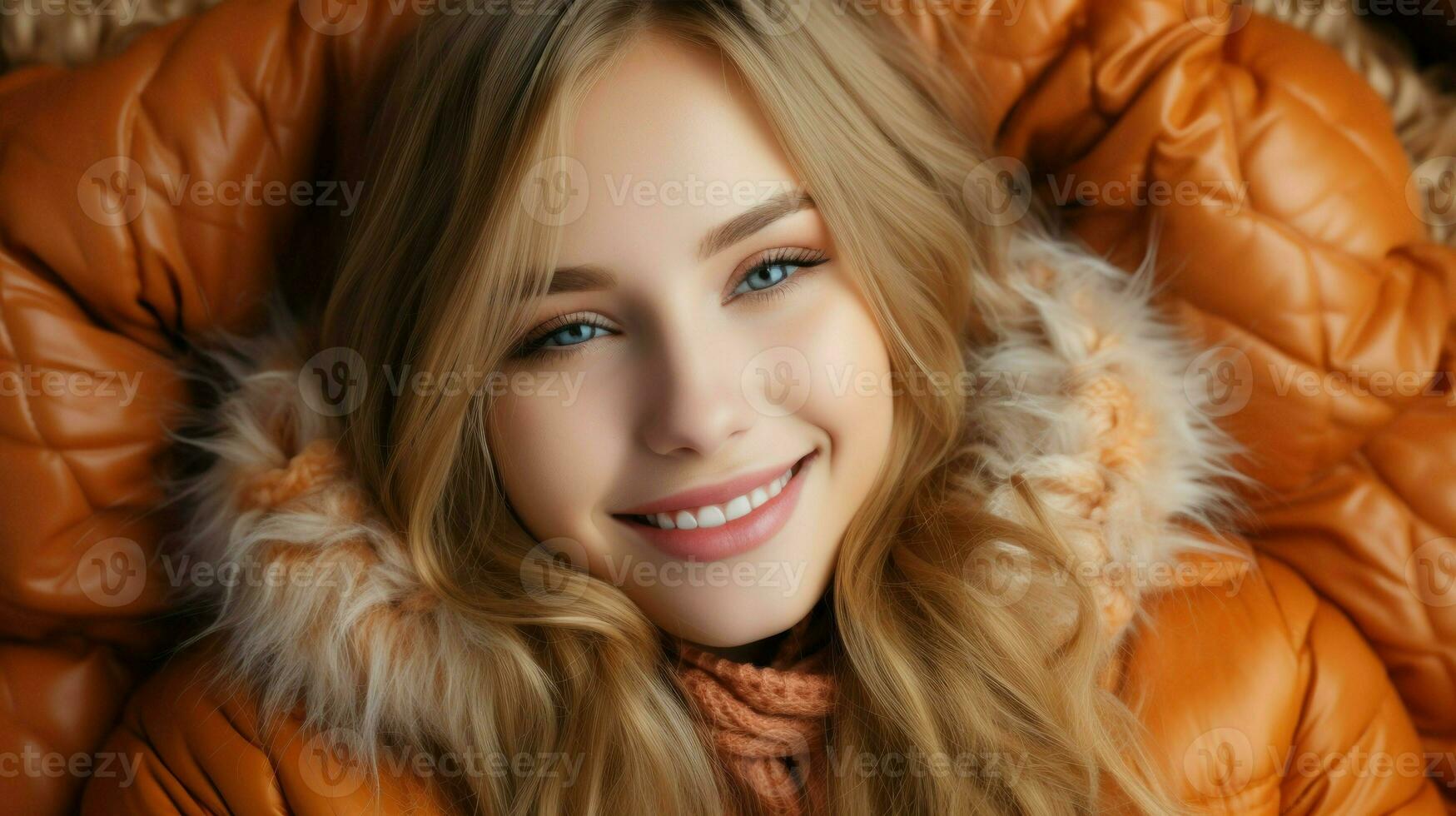 portrait de une femme avec blond cheveux et une Jaune encapuchonné veste souriant à le caméra.. génératif ai photo