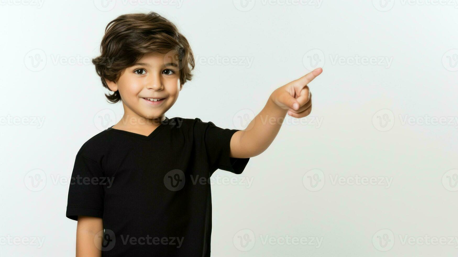 petit garçon dans une noir T-shirt montrer du doigt dans un direction. génératif ai photo
