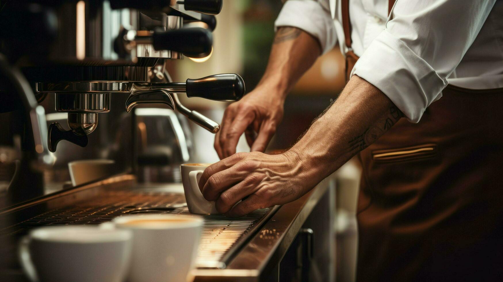 une barista verser café de une café machine. génératif ai photo