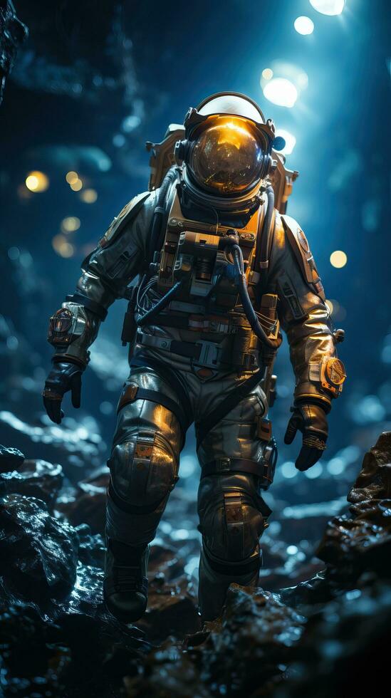 astronaute portant scaphandre en marchant à l'intérieur le la grotte avec bleu lumière. génératif ai photo