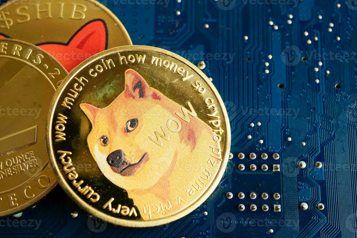 dogecoin sur circuit carte mère ordinateur pour affaires et commercial, numérique monnaie, virtuel crypto-monnaie. photo