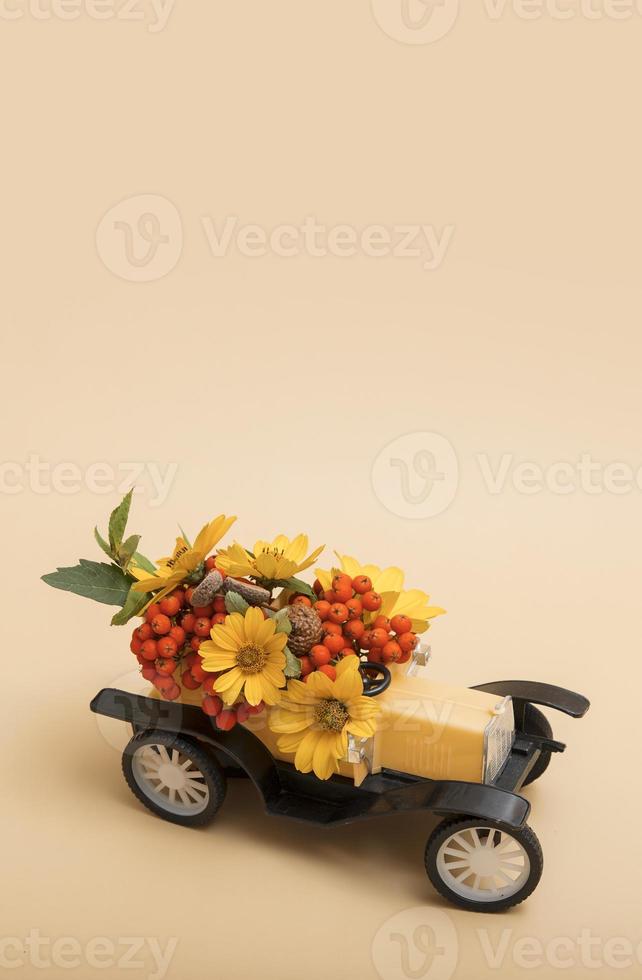 composition décorative d'automne d'une petite voiture avec rowan, fleurs photo