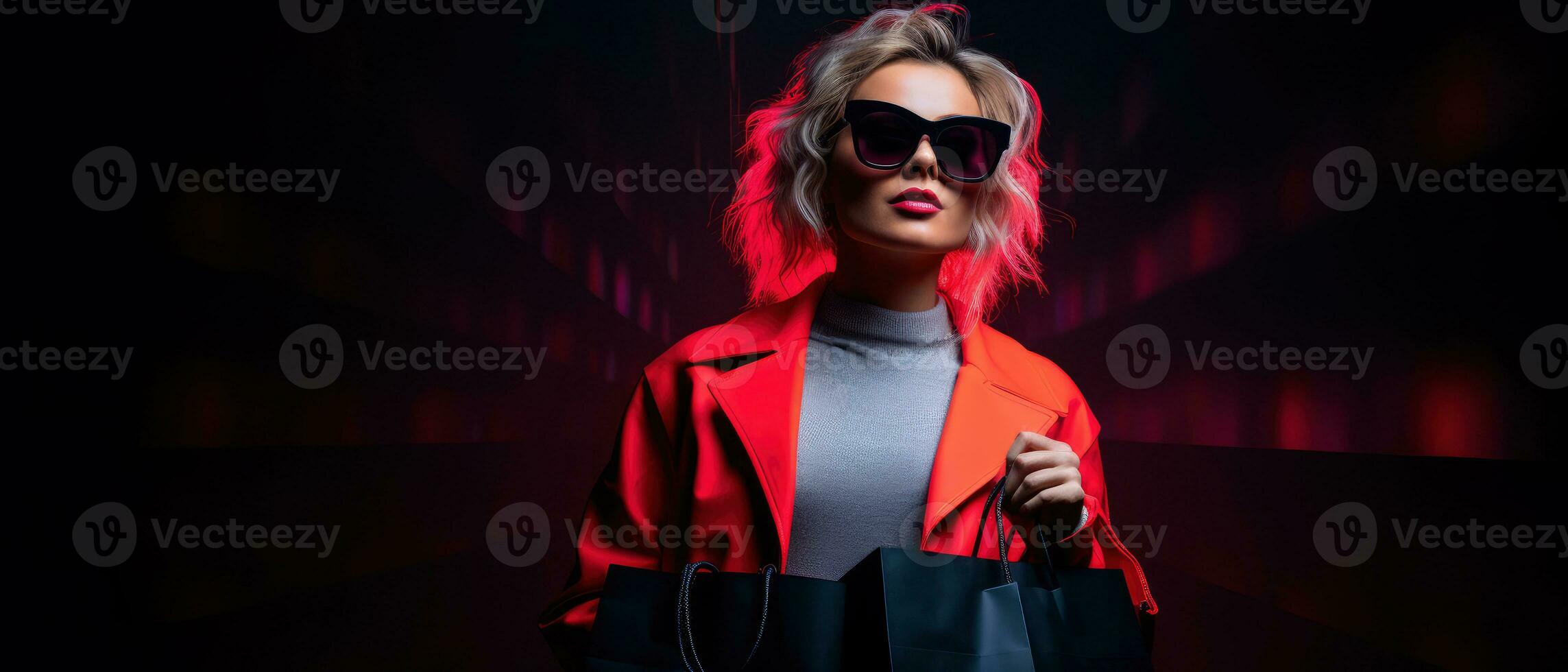 femme dans néon lumière cyberpunk foncé Contexte avec achats Sacs dans noir vendredi, cyber Lundi Ventes concept ai généré photo