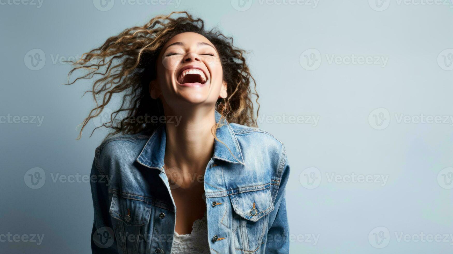 prendre plaisir content africain américain fille portant denim veste à la recherche en haut souriant gaiement contre Contexte ai généré photo