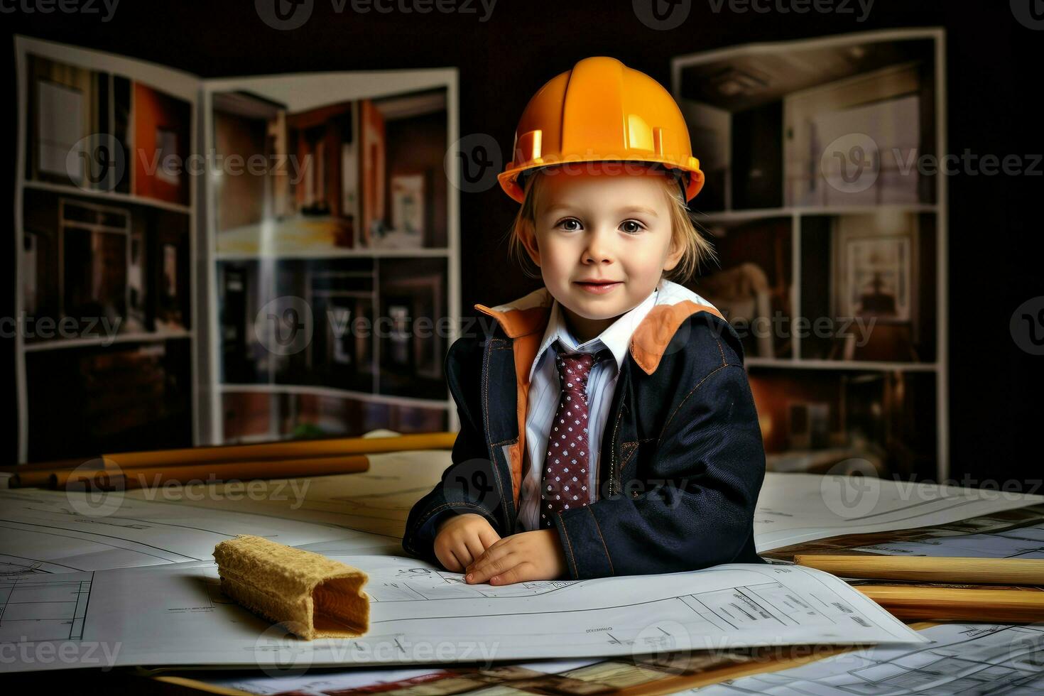 Créatif architecte maison plan enfant fille. produire ai photo