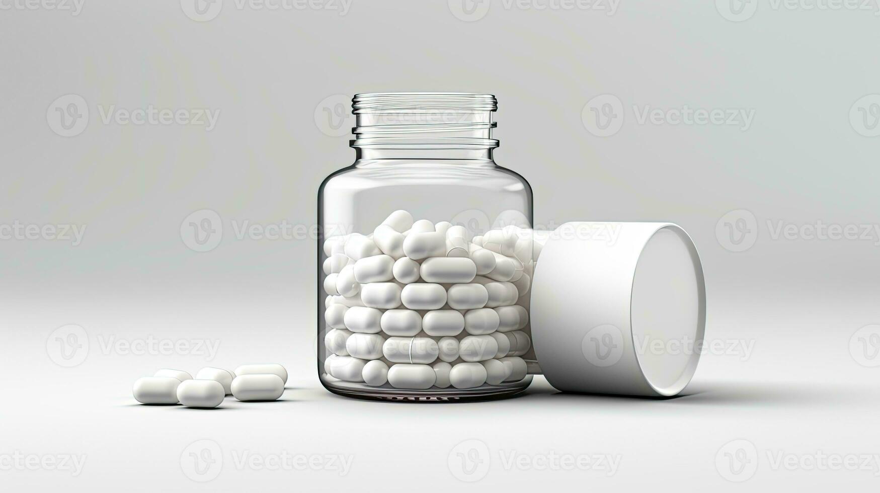 clair transparent verre médicament bouteille avec comprimés pilule isolé sur blanc Contexte ai généré photo