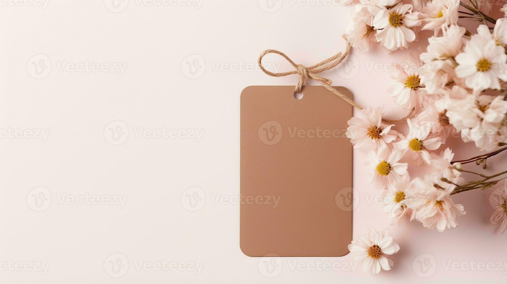 rectangle Vide marron papier carte kraft étiquette étiquette maquette avec rose fleur Contexte ai généré photo