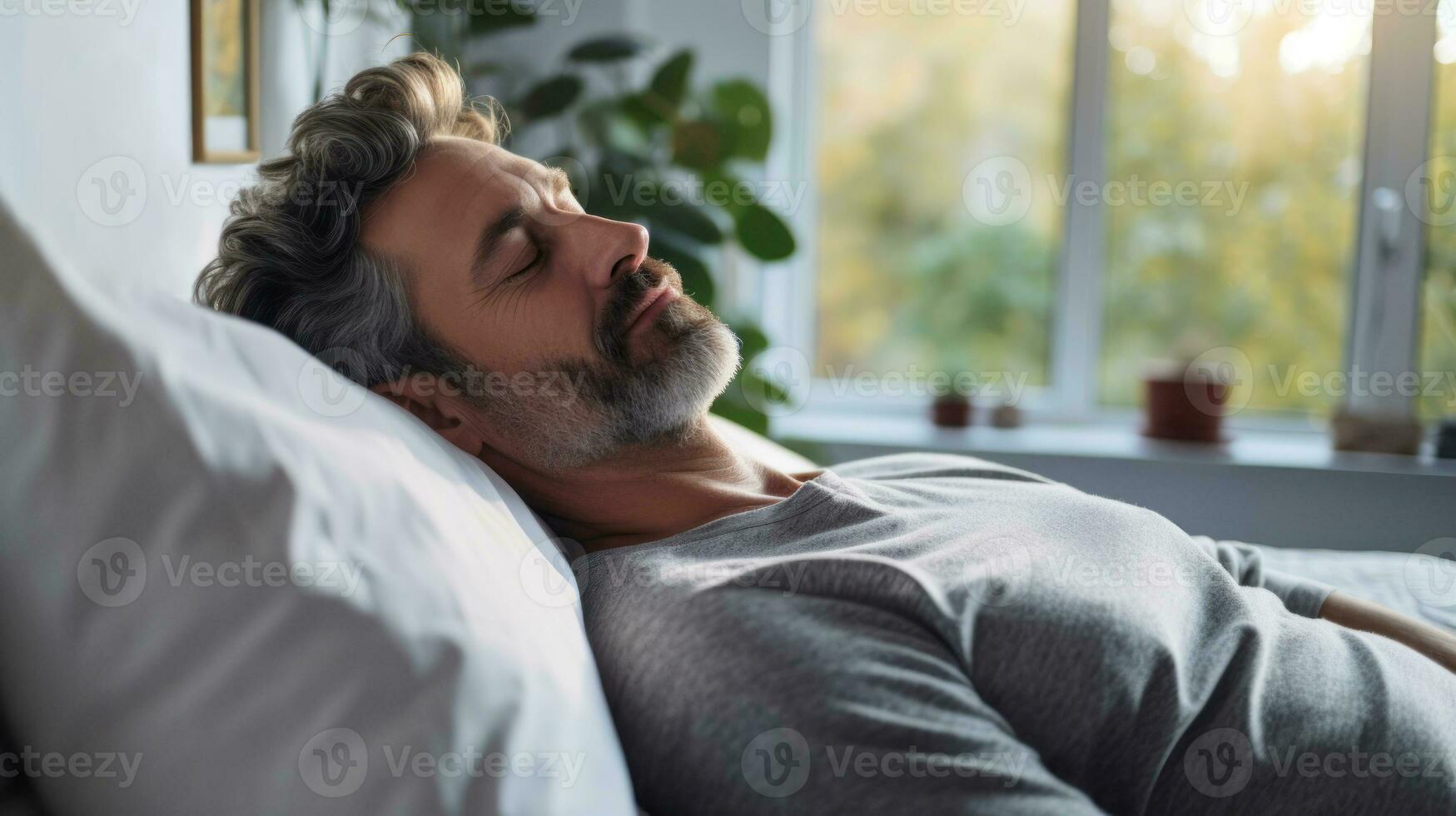 homme mensonge dans chambre avec une bien sommeil comme en bonne santé et bien étant concept ai généré photo