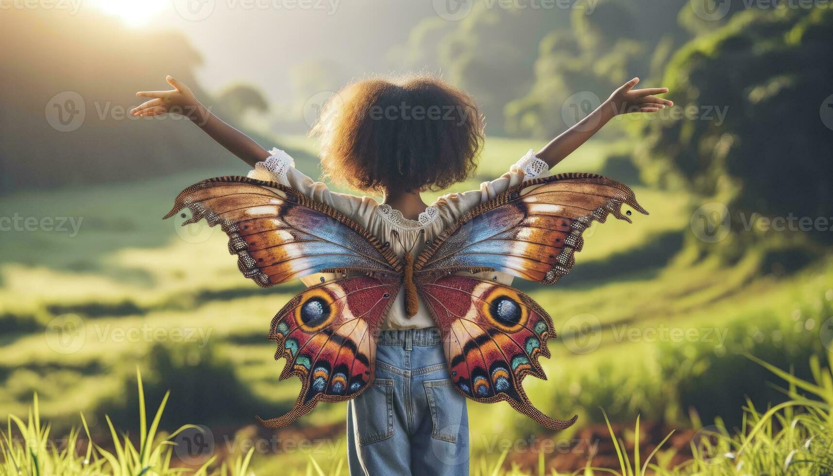 Jeune fille avec diverse descente, sa bras tendu, révélateur étourdissant papillon ailes cette sembler à avoir naturellement germé de sa dos, ensemble contre une toile de fond de une ensoleillé prairie. ai génératif photo