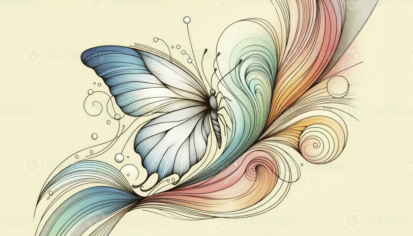 dessin de une finement décrit papillon planant gracieusement, entrelacés avec abstrait couleur pastel formes cette apporter une sens de mouvement et fluidité à le composition. ai génératif photo