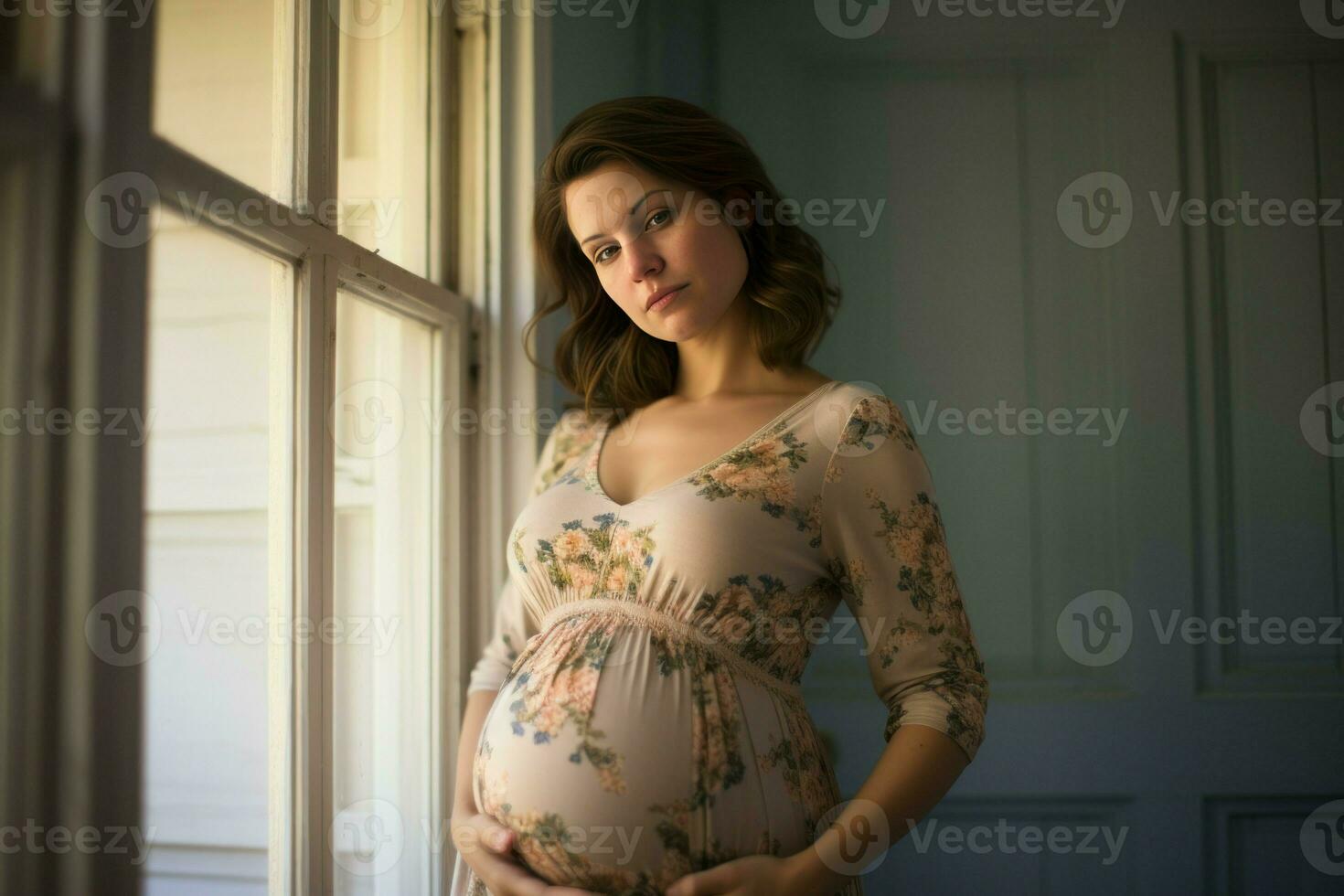 portrait de magnifique Enceinte femme près lumière la fenêtre. produire ai photo