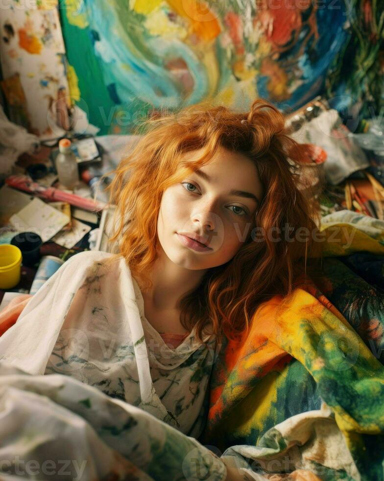 une femme avec vibrant rouge cheveux est représenté séance sur une lit, entouré par peindre pinceaux.. génératif ai photo
