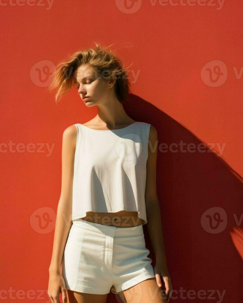 une femme portant blanc short et une blanc Haut est représenté contre une vibrant rouge mur dans cette minimaliste scène.. génératif ai photo