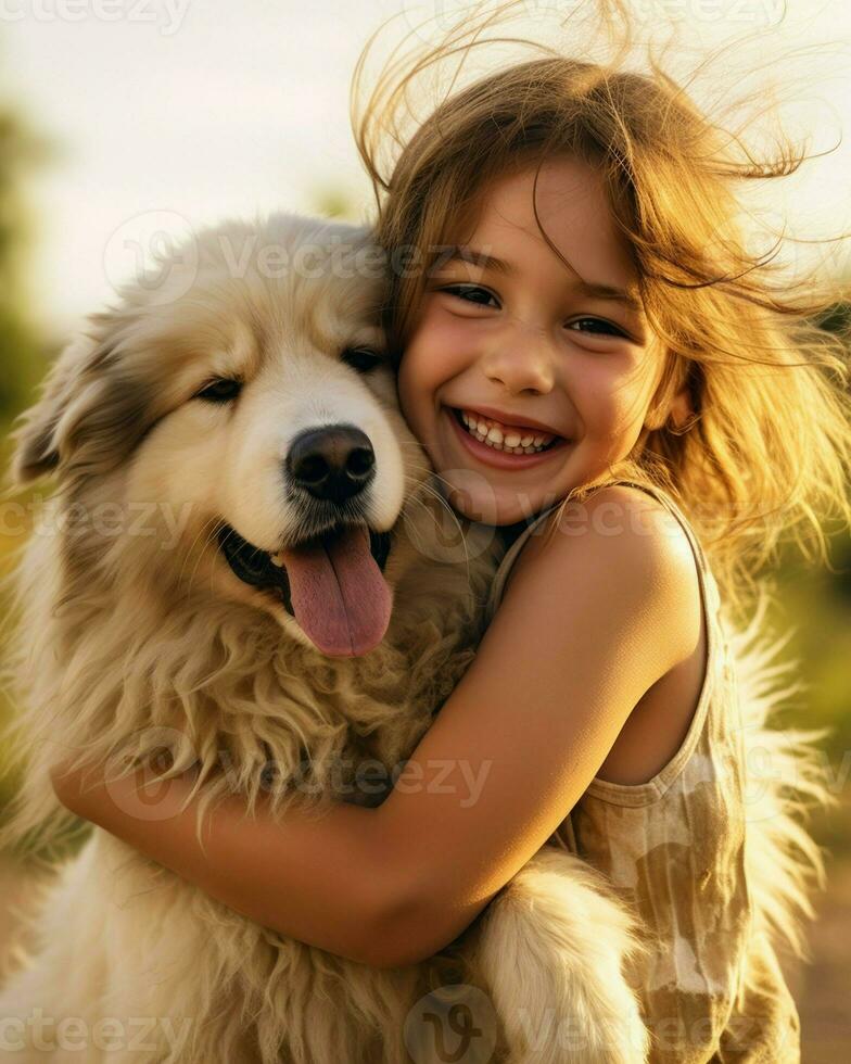 peu fille étreindre sa chien et souriant dans une champ. génératif ai photo