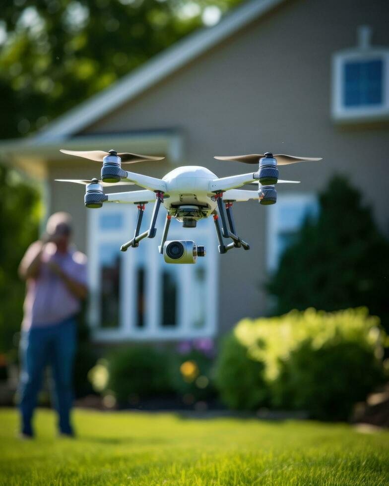 une la personne en utilisant une drone dans le sien jardin. génératif ai photo