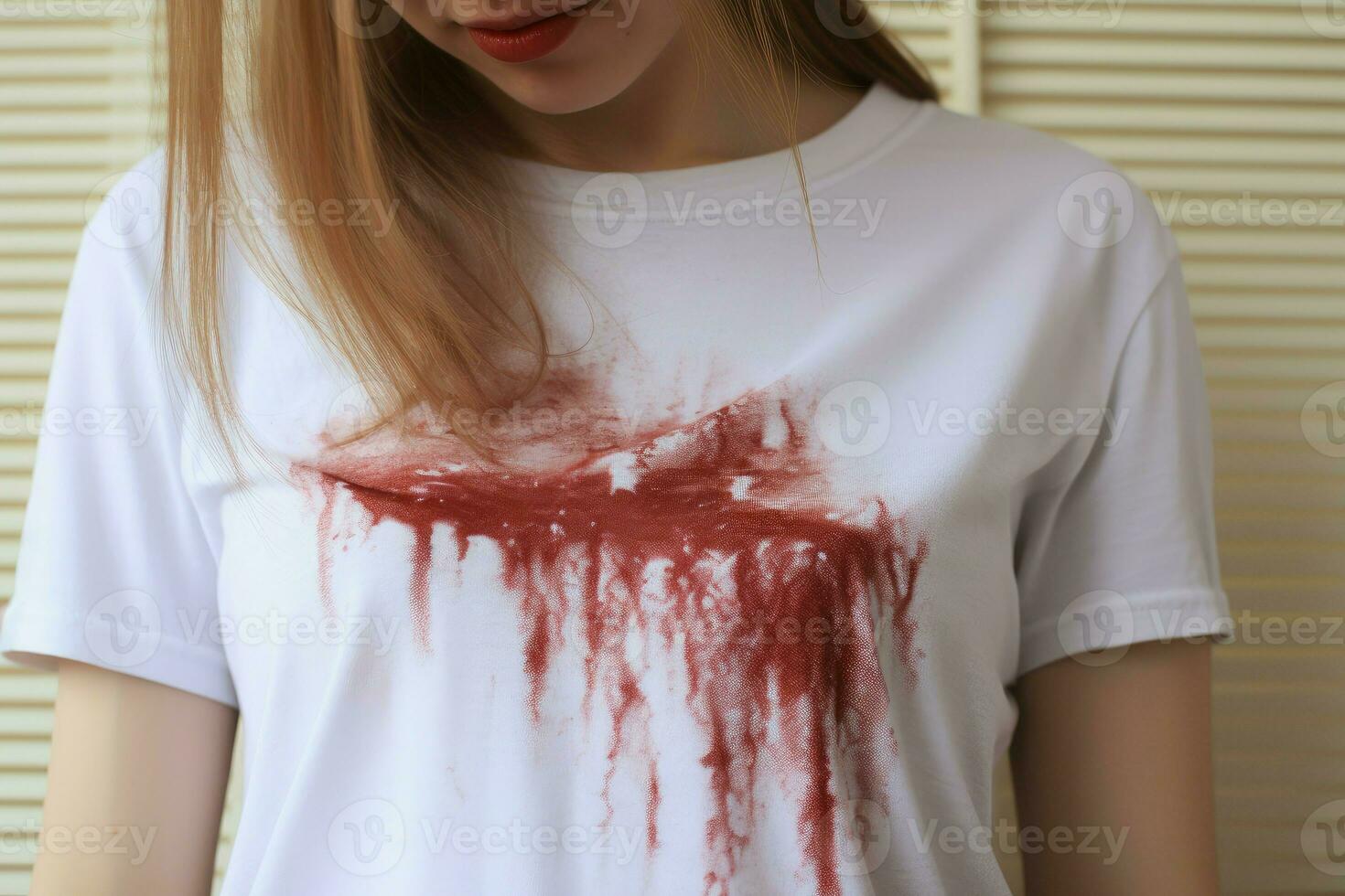 femme montrant rouge tache sur sa T-shirt. produire ai photo