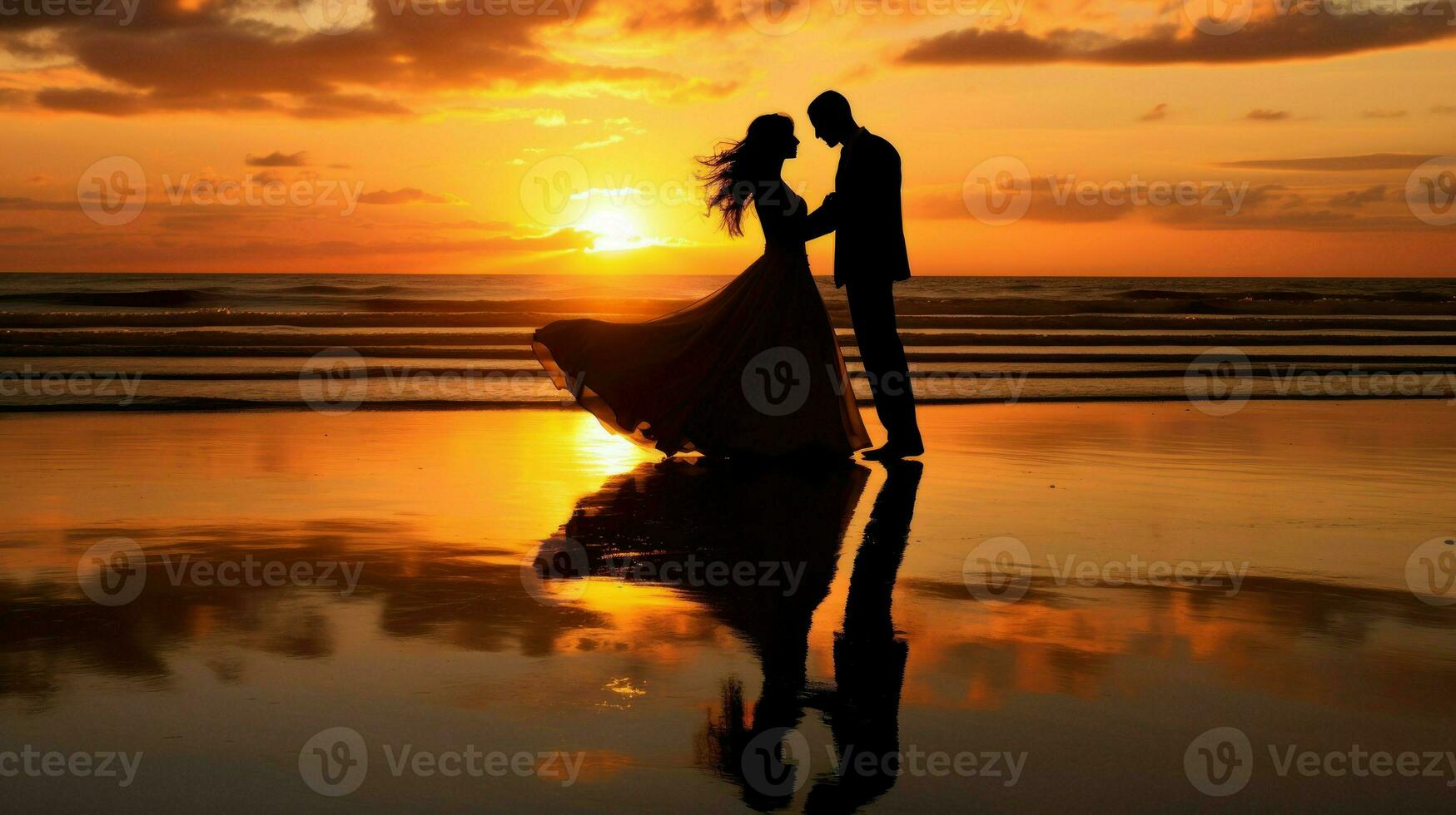 une romantique silhouette de une couple contre une ardent coucher de soleil.. génératif ai photo