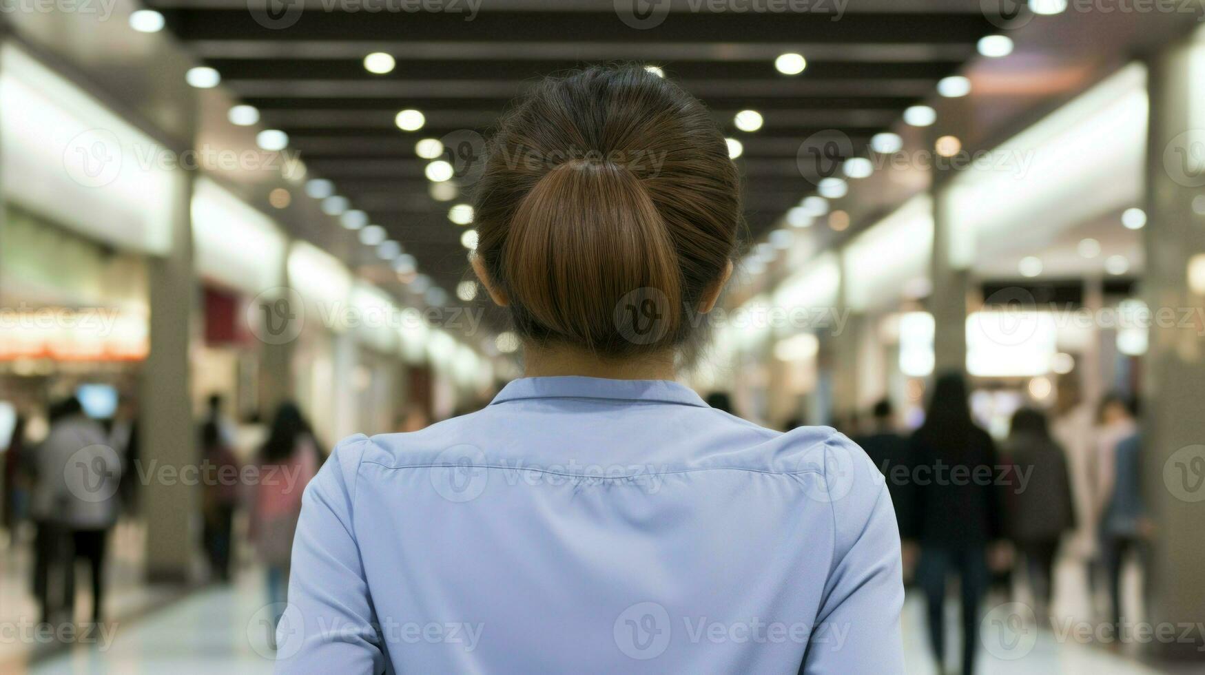 Jeune asiatique femme en marchant dans une achats centre commercial. génératif ai photo