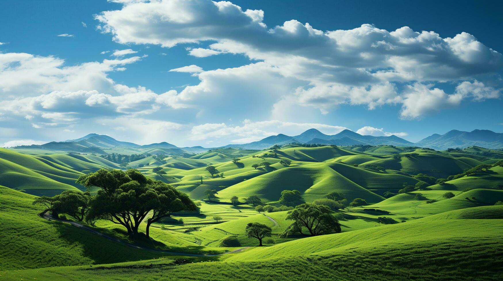 Frais vert paysage avec ciel et collines et montagnes , ai généré photo