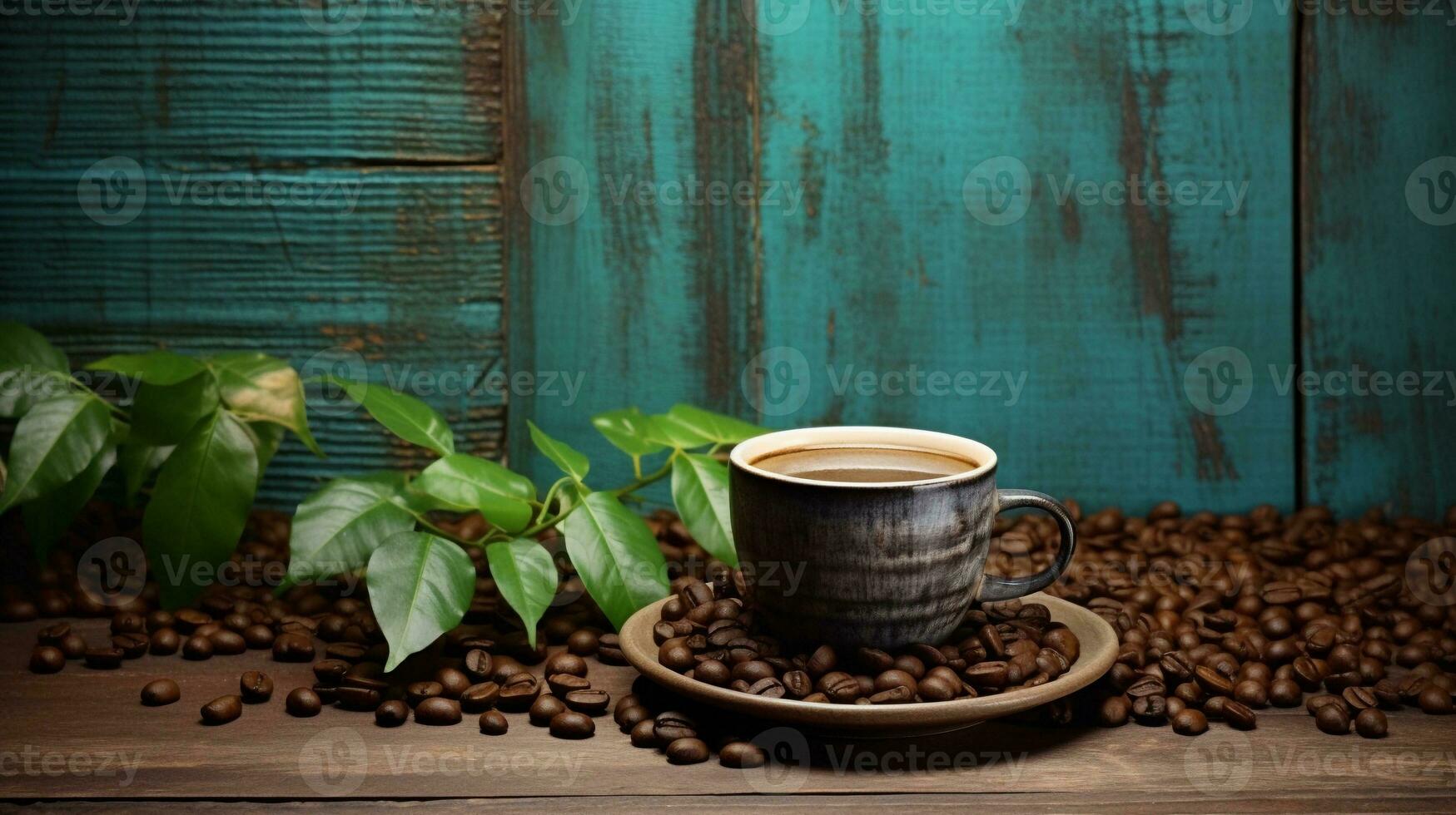 chaud café et café des haricots dans Contexte avec feuilles, dans le style de affligé et patiné surface, Contexte image, ai généré photo