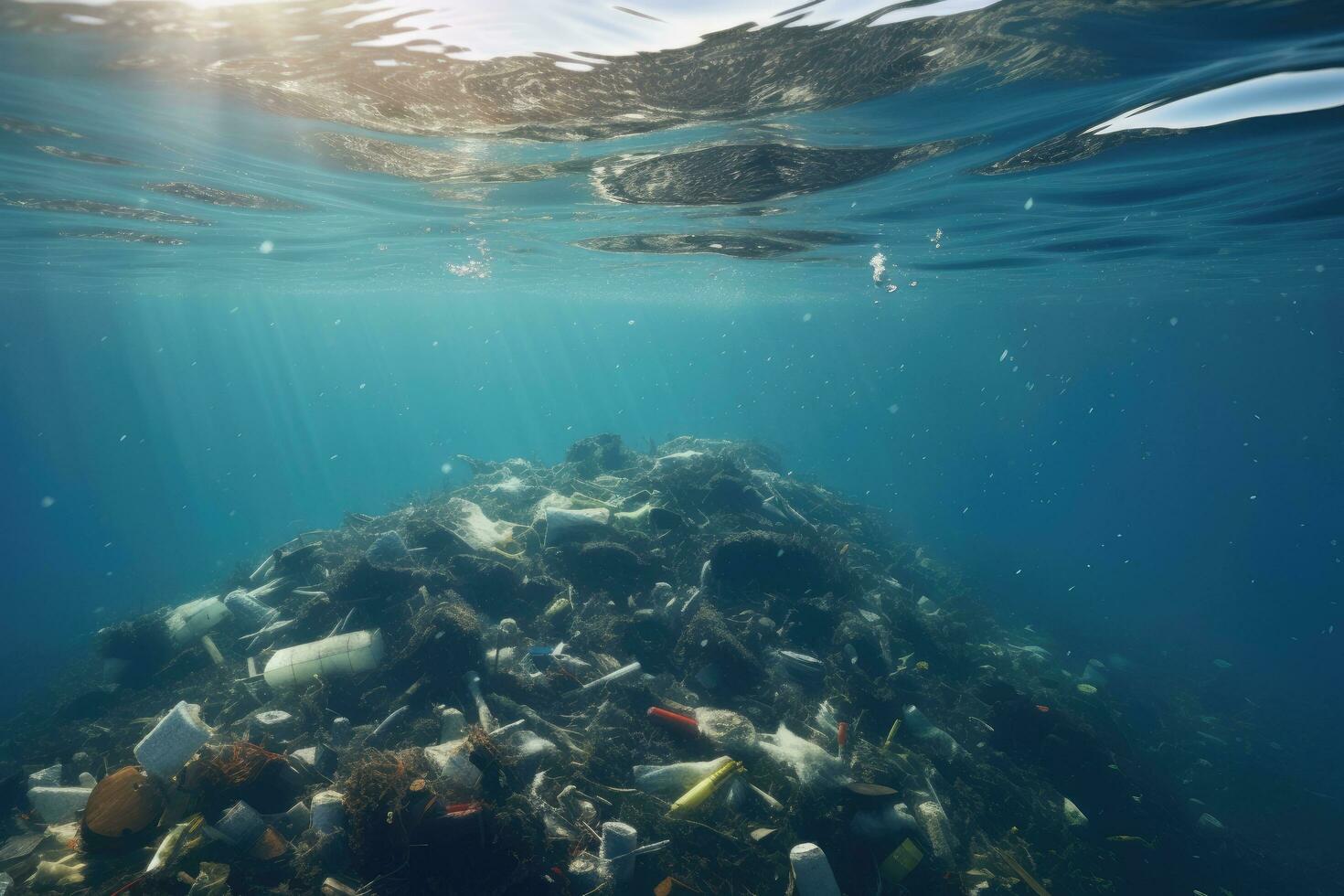 sous-marin vue de Plastique poubelle et Plastique bouteilles sur le rivage, sous-marin vue de une pile de des ordures dans le océan. 3d le rendu, ai généré photo