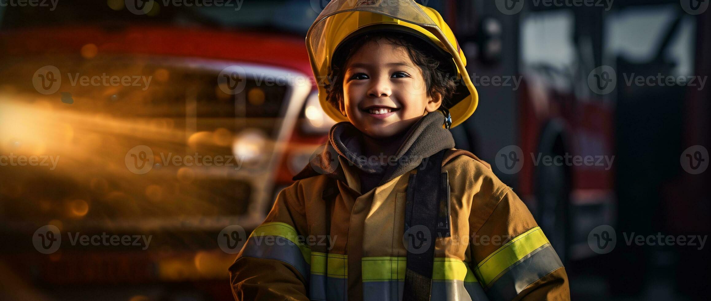 portrait de content asiatique garçon portant sapeur pompier uniforme avec Feu un camion dans Contexte ai généré photo