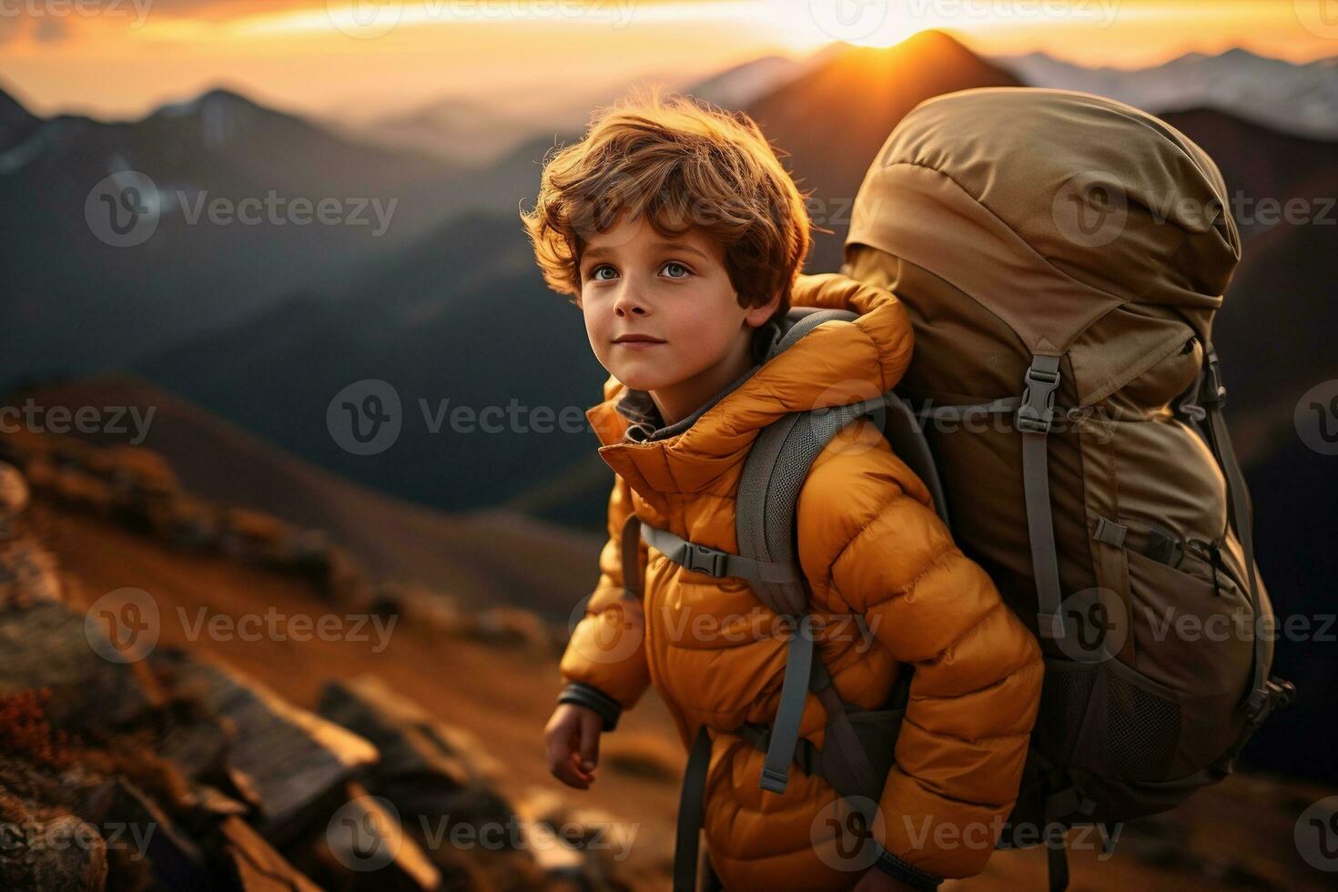 adorable peu garçon avec sac à dos randonnée dans montagnes à le coucher du soleil. Voyage et actif mode de vie concept ai généré photo