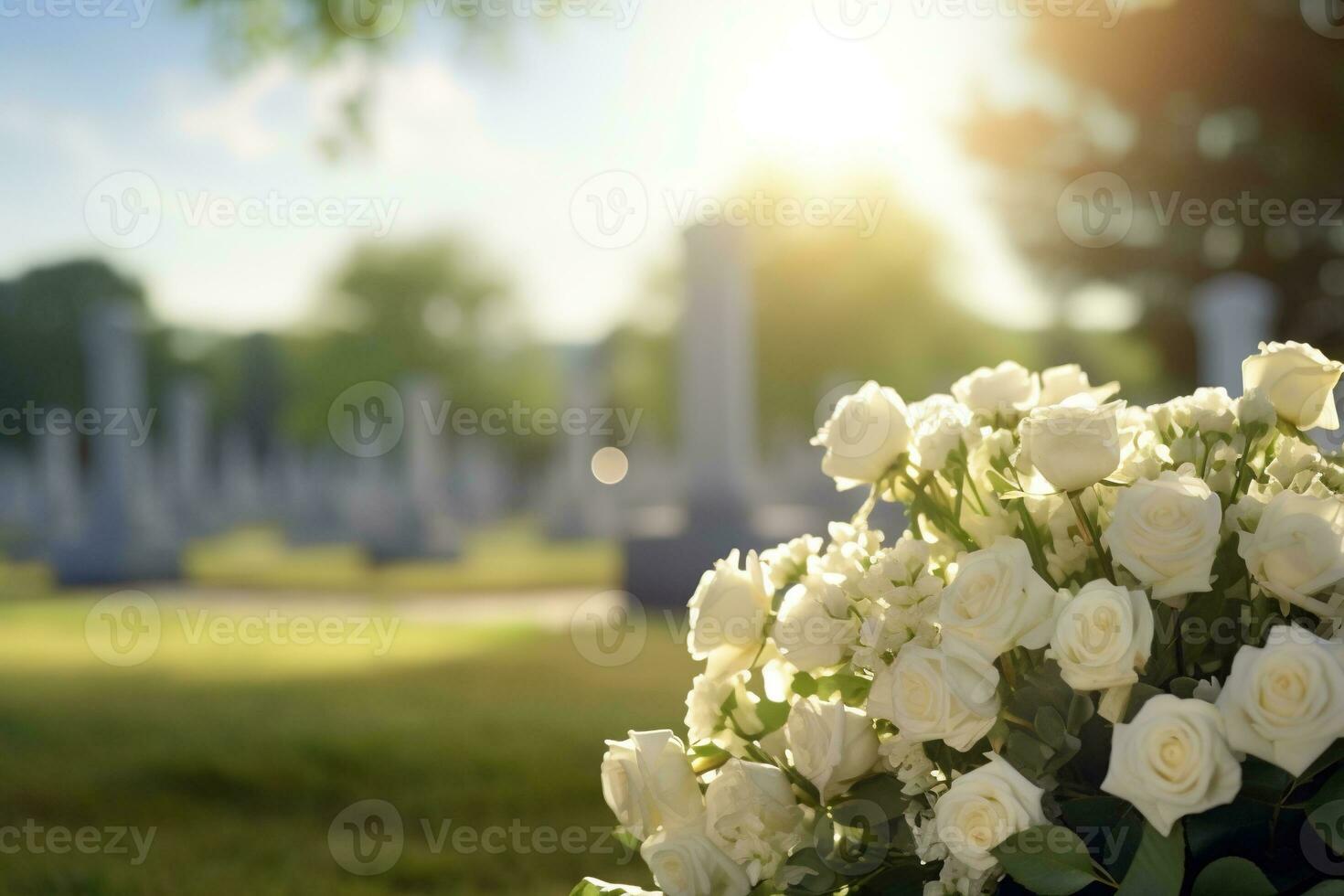 blanc fleurs dans de face de une pierre tombale à une cimetière avec coucher de soleil.funérailles concept ai généré photo