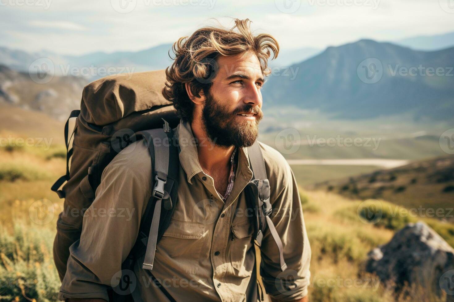 branché voyageur avec sac à dos séance sur Haut de une Montagne et à la recherche à le vallée. ai généré photo