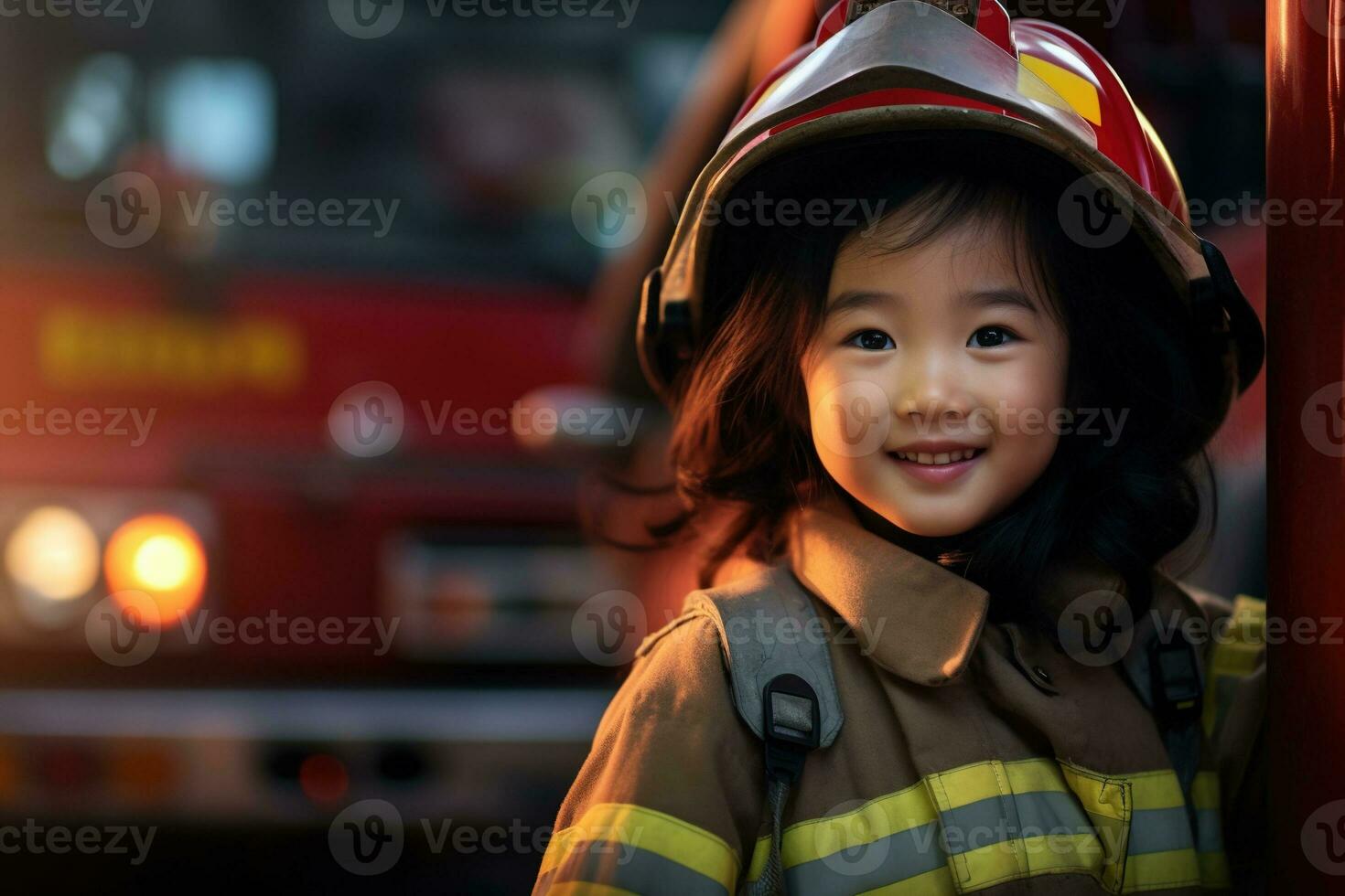 portrait de une mignonne peu asiatique fille portant une sapeur pompier uniforme ai généré photo