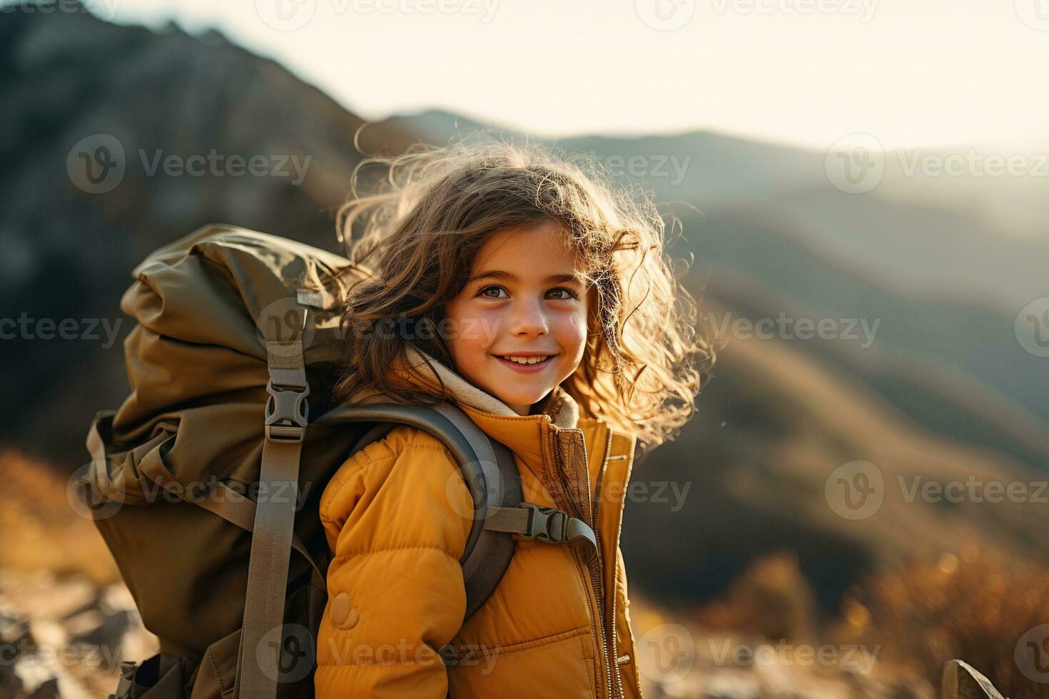 peu fille avec sac à dos randonnée sur Montagne de pointe à coucher de soleil, Voyage et aventure concept ai généré photo