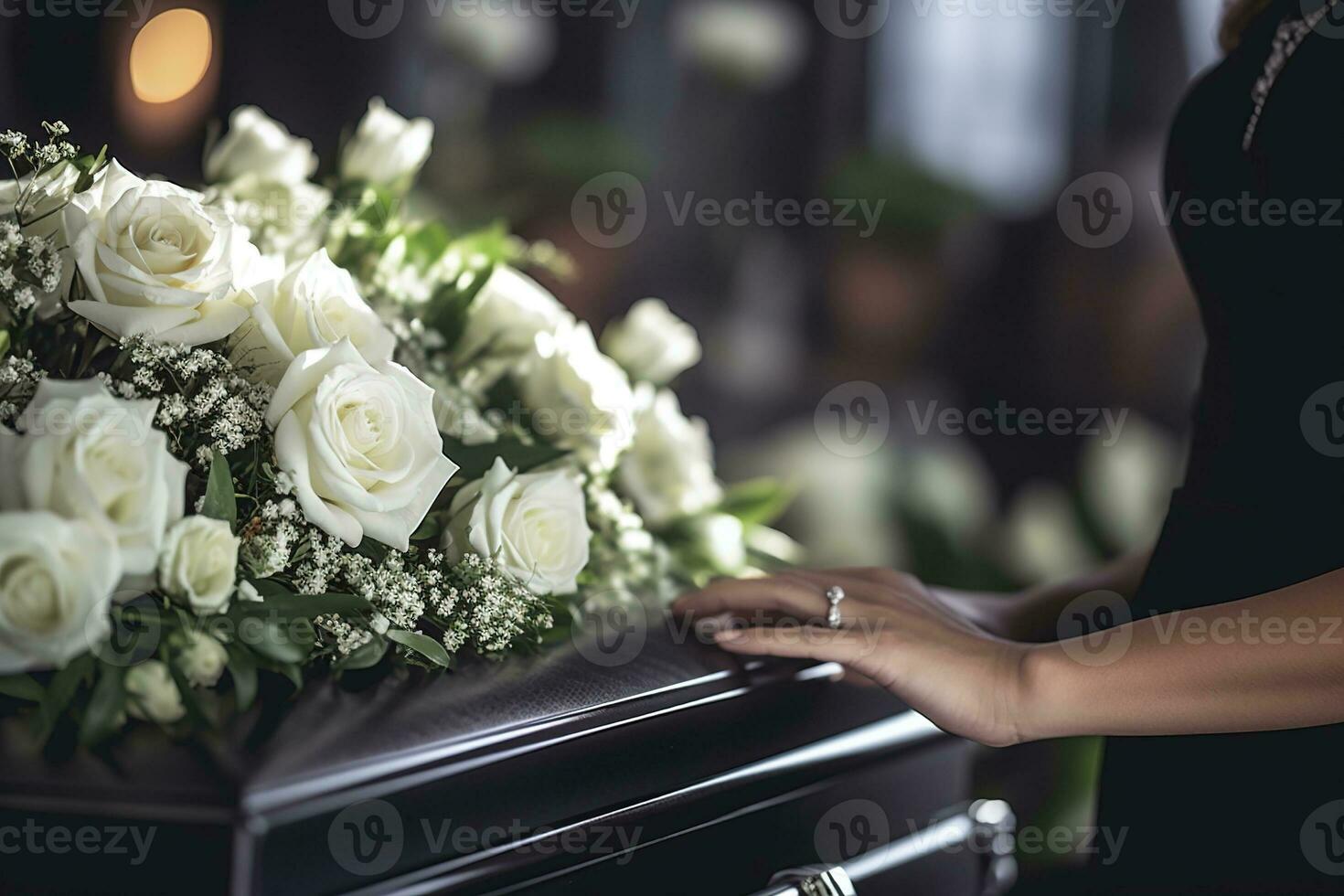 fermer de une femme main placement une bouquet de blanc des roses dans une cercueil.funérailles concept ai généré photo