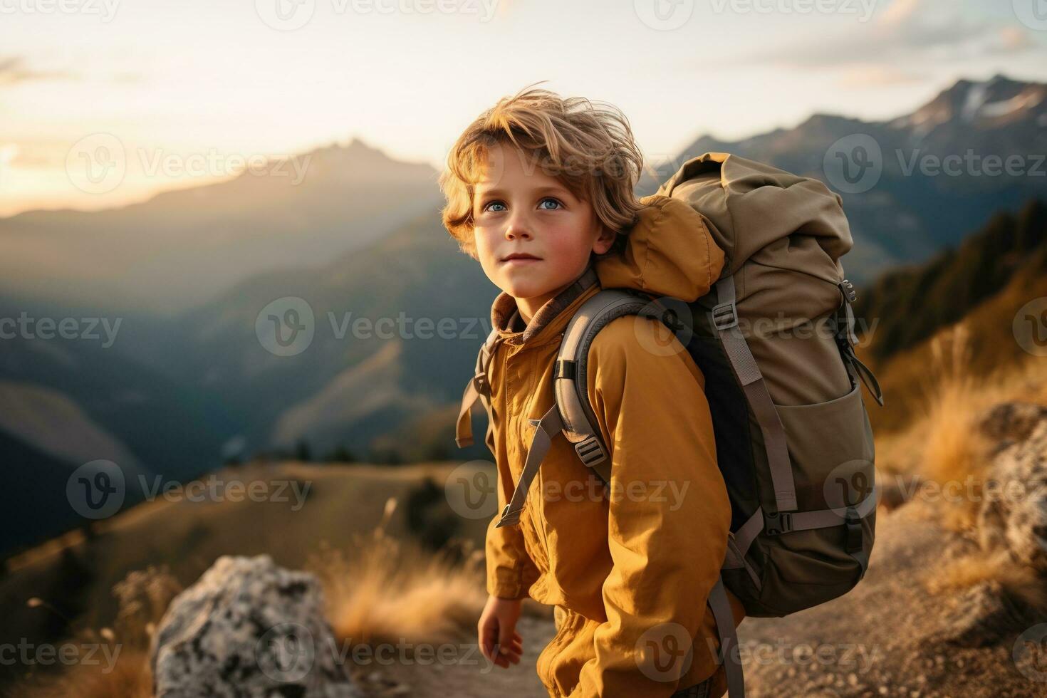 adorable peu garçon avec sac à dos randonnée dans montagnes à le coucher du soleil. Voyage et actif mode de vie concept ai généré photo